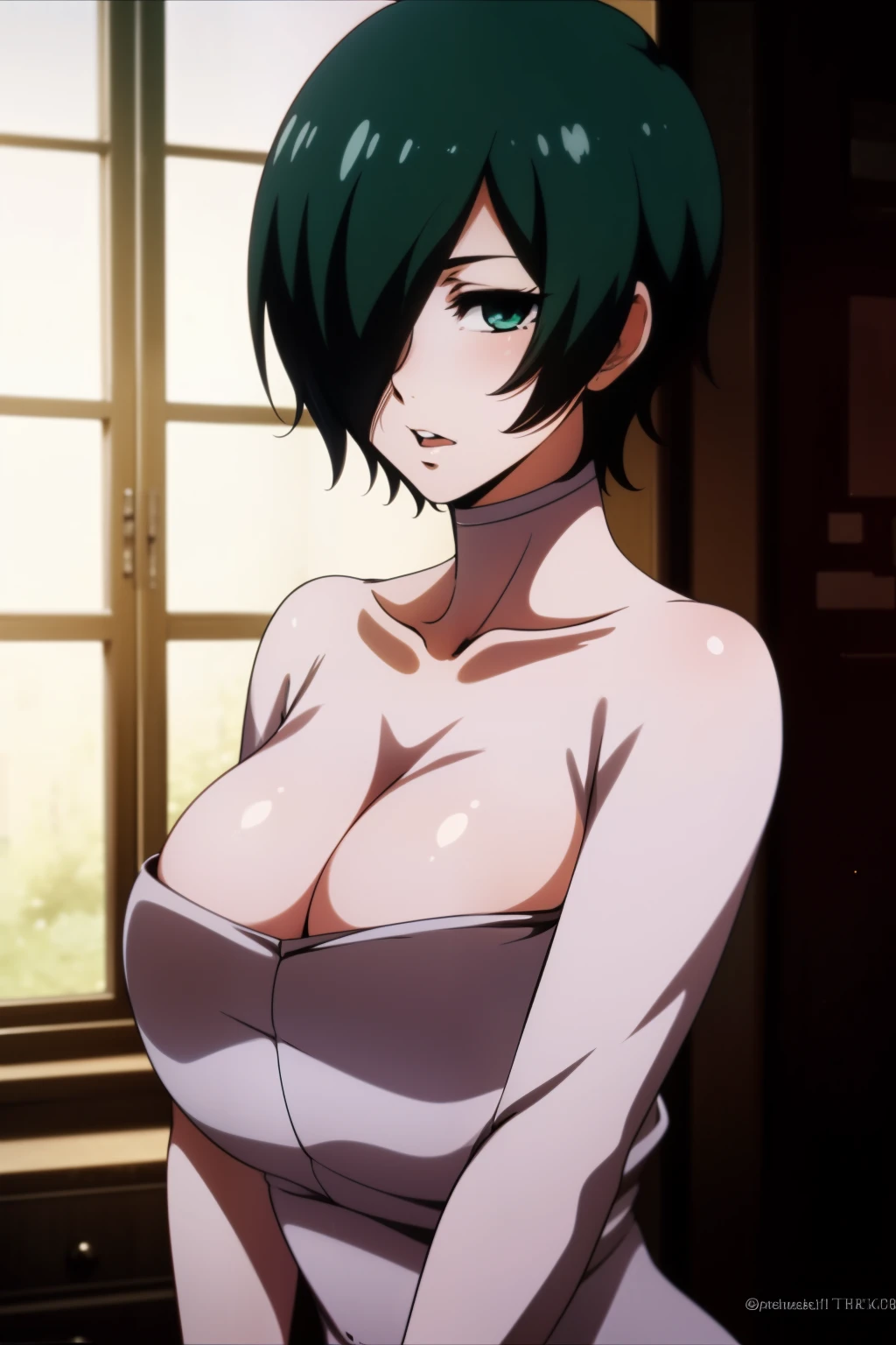 (beste-Qualit, 8K, 12), 1 girl, tatsumaki, Short Hair Hair, green hair, Huge naked breasts with nipples, child, the perfect body, ultra detail face, detailed lips, Slender Eyes, gown, stands, enticing, Excited, convex areolas, steam, From Bottom