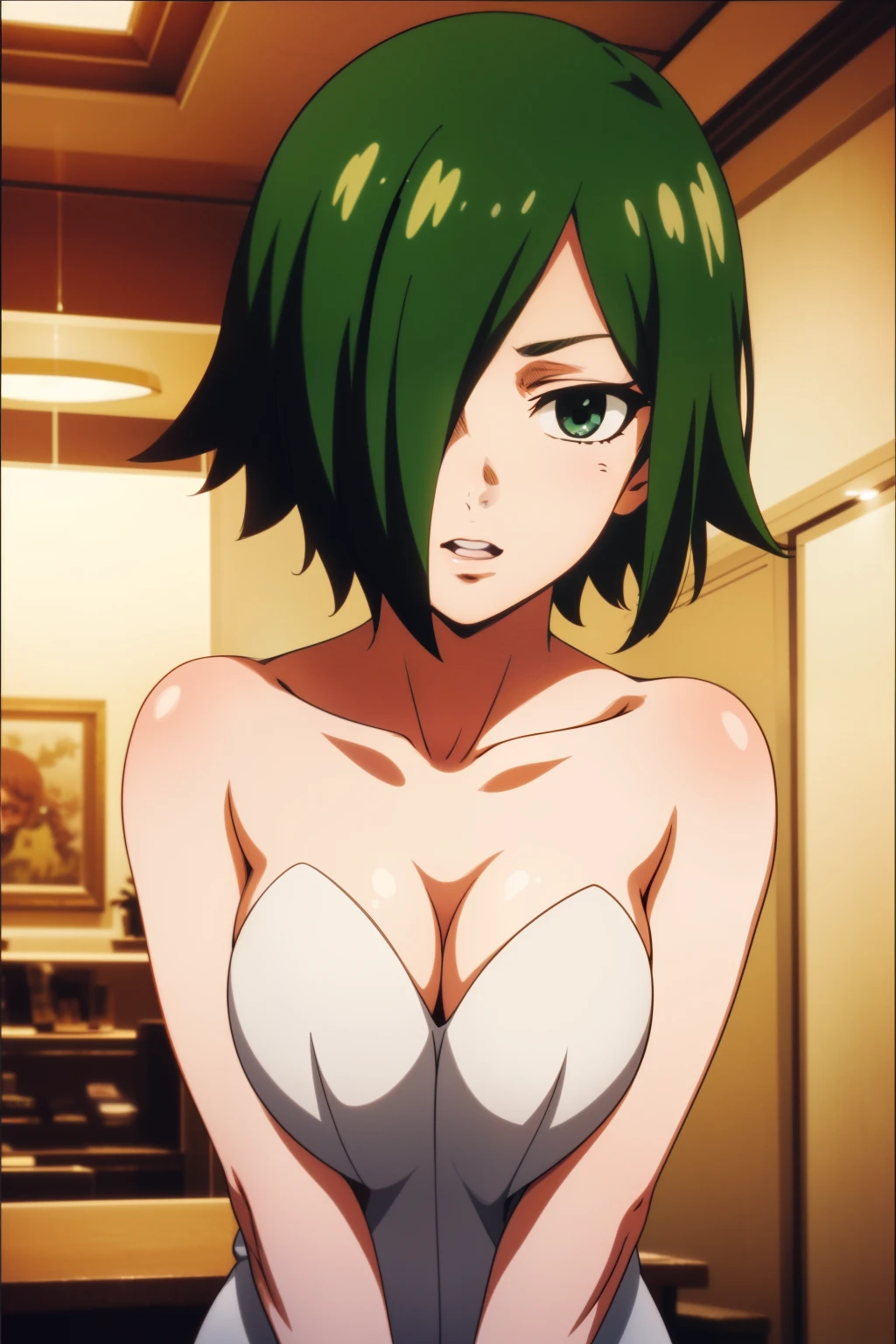 (beste-Qualit, 8K, 12), 1 girl, tatsumaki, Short Hair Hair, green hair, Huge naked breasts with nipples, child, the perfect body, ultra detail face, detailed lips, Slender Eyes, gown, stands, enticing, Excited, convex areolas, steam, From Bottom