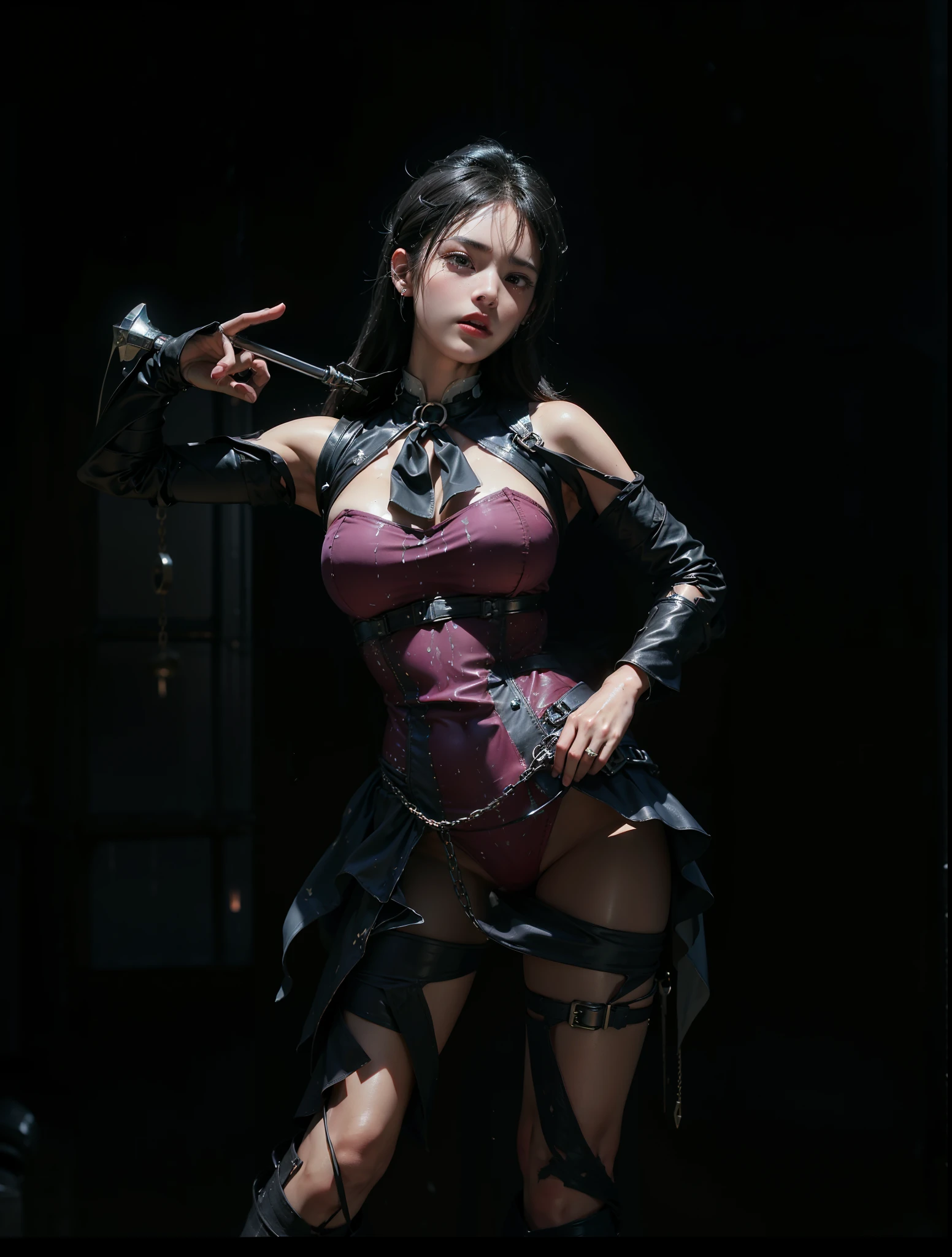 ((Dress up like a superheroine;Tattered transparent clothes)),(Not wearing a bra)), Wet crotch, Wet thighs, beuaty girl,Have slim abdominal muscles: 1.4, (((Protruding nipple tip, areola is protruding, The shape of Dantian is clearly visible)), sixpack abs: 1.4, Breast Enlargement Botox, photore, Sharpness, Unique 850 4, Koda850 k portrait camera, f1.6 guns, hyper realistic texture, Spectacular light textures, Cinestil 800 fashion mechanic, (Futuristic sci-fi combat fashion: 1.1), (perfectly tied together with chains), restrained, slaves, collars, ((Sunlight shines、spacious prison)), dark fantacy, Real material details, extremly high detail, surreal material ((Torn costume))), Wet with, Cloudy, (locks)), ((High chain concentration)), ((Chain drilled into crotch)), ( (collars)), (, Not wearing a bra), Shredded clothes, Broken golden shield and battle spear,, White combat gloves, Combat shoulder armor, (Torn clothes, Clothing that exposes, bloods: 1.3), tear open cloak, Torn pantyhose, legs long, Metal shackles and shackles, ((Chains hanging from the sky)), Her wet crotch is clearly visible., Swarovski's sword and the anatomy beneath his feet, (Futuristic sci-fi combat fashion, Hole-in fishnet socks),beuaty girl,