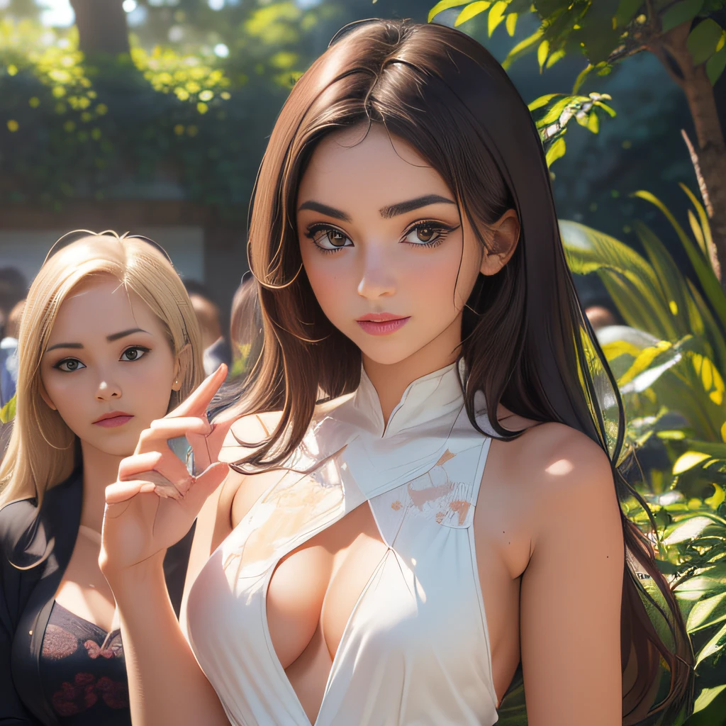 (Extremely detailed 8k wallpaper:2), (photo:2), (soigne Beautiful girl:2), (gives a lecture to friends:2), detailed (Face and eyes), (hyper realistic:1), (highly detailed:1), (epic realistic:1), rim light, (maximum details:1), cozy, (fullbody:1.3), (looking at viewer:2.0), (Woman's Attractive Qualities:2), (Attractive Woman:2), (Attractive:2), Smile, Intelligence, Empathy, Gracefulness, Sense of Style, Fitness, Grooming, Optimism, (Sensitivity:2), Sincerity, Romantic Gestures, Playfulness, Fashion Sense, (Sensuality:2), Charm, Modesty, Thoughtfulness, (Femininity:1), Flirtatiousness, Warmth, (Physical attractiveness:2), A beautiful smile, A love of life, strength and power, vulnerability, curiosity, wonder, love, (nature background:2), kawaii, waifu, Beautiful breasts, (attractive body:2), (Beautiful body:2), Beautiful pose, attractive pose, (Beautiful legs:1.0), (Beautiful clothes:1), (classic clothes:2), (elegant clothes:2), (European clothes:2), detailed clothes, (skirt:1), (blouse:1), (provocative pose)