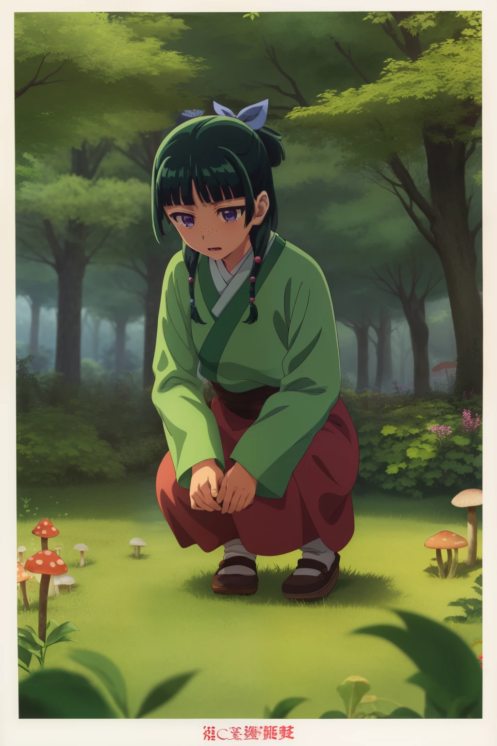 Masterpiece, best quality, highres, absurdres, 1girl, maomao, lady in waiting, solo, red skirt, forest, trees, mushrooms, collecting herbs, crouching, happy, surprise, eyes shining,