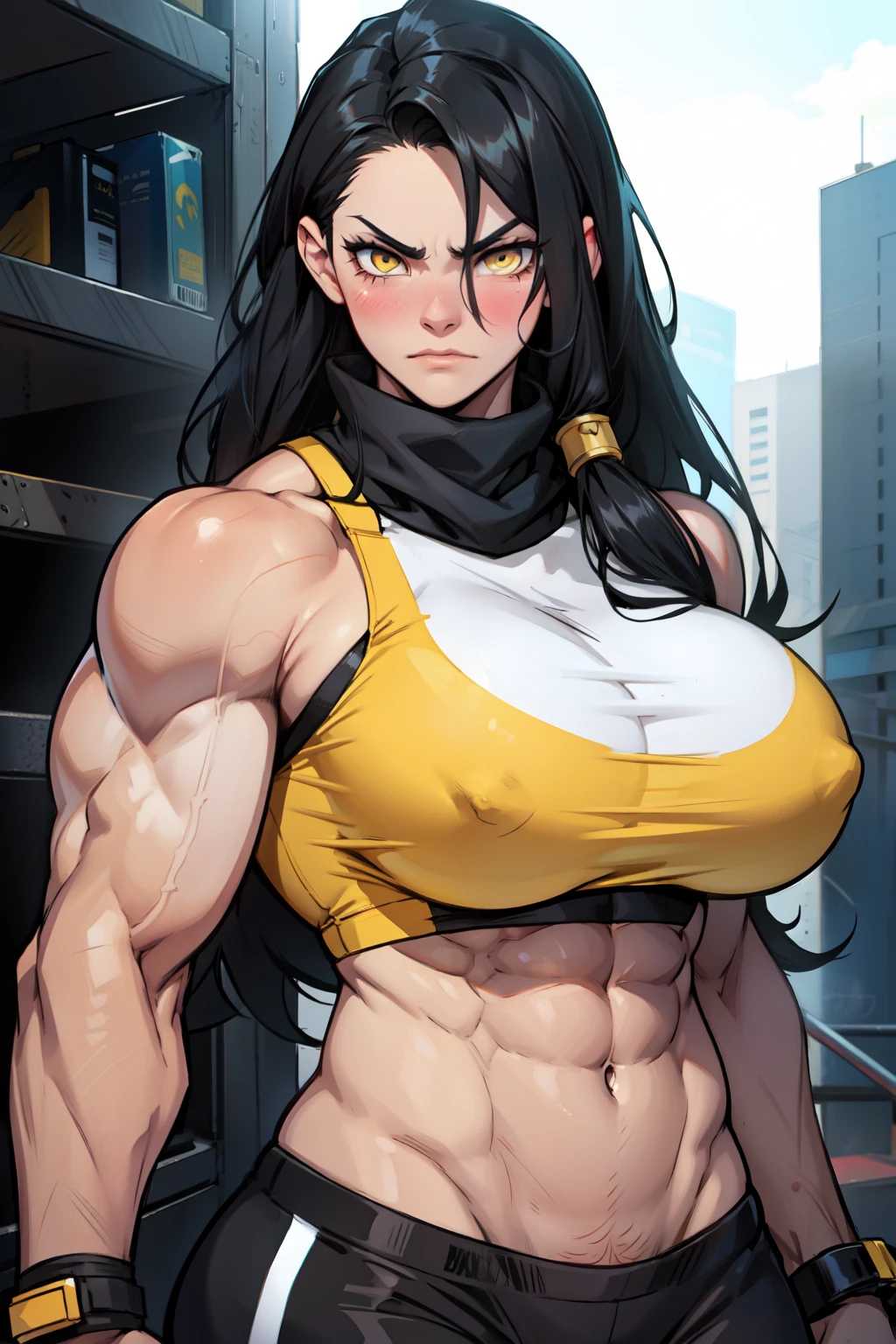 1girl black hair yellow eyes very long hair pale skin angry blushing bodybuilder huge breasts muscular toned body long abs