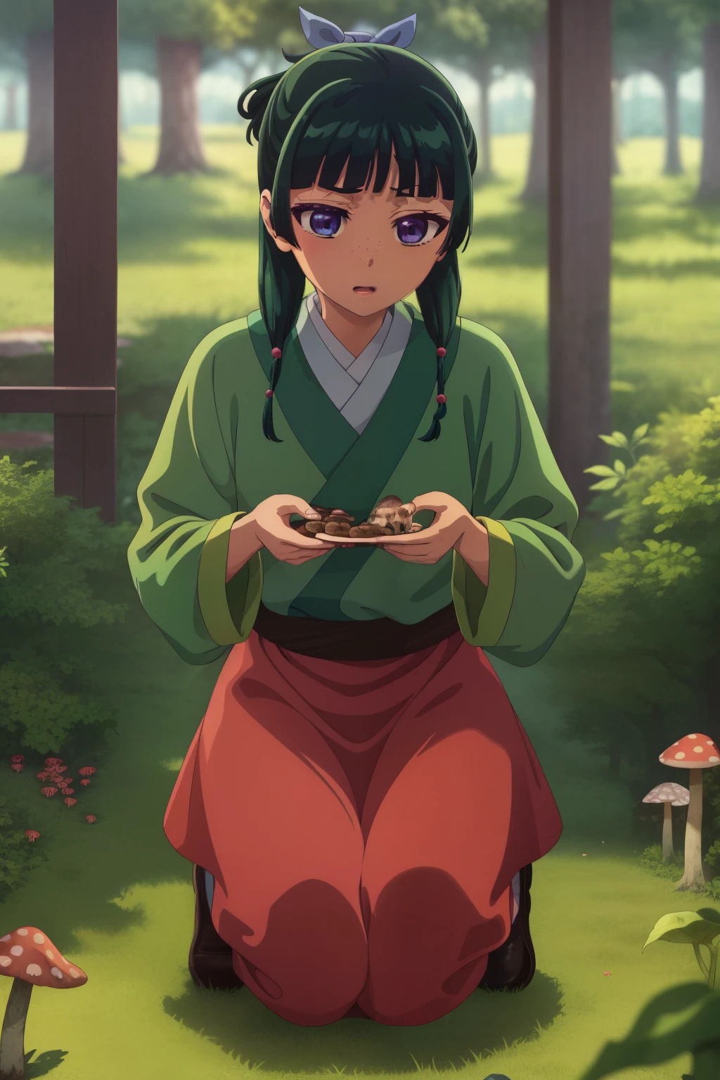 Masterpiece, best quality, highres, absurdres, 1girl, maomao, lady in waiting, solo, red skirt, forest, trees, mushrooms, collecting herbs, crouching, happy, surprise, eyes shining,