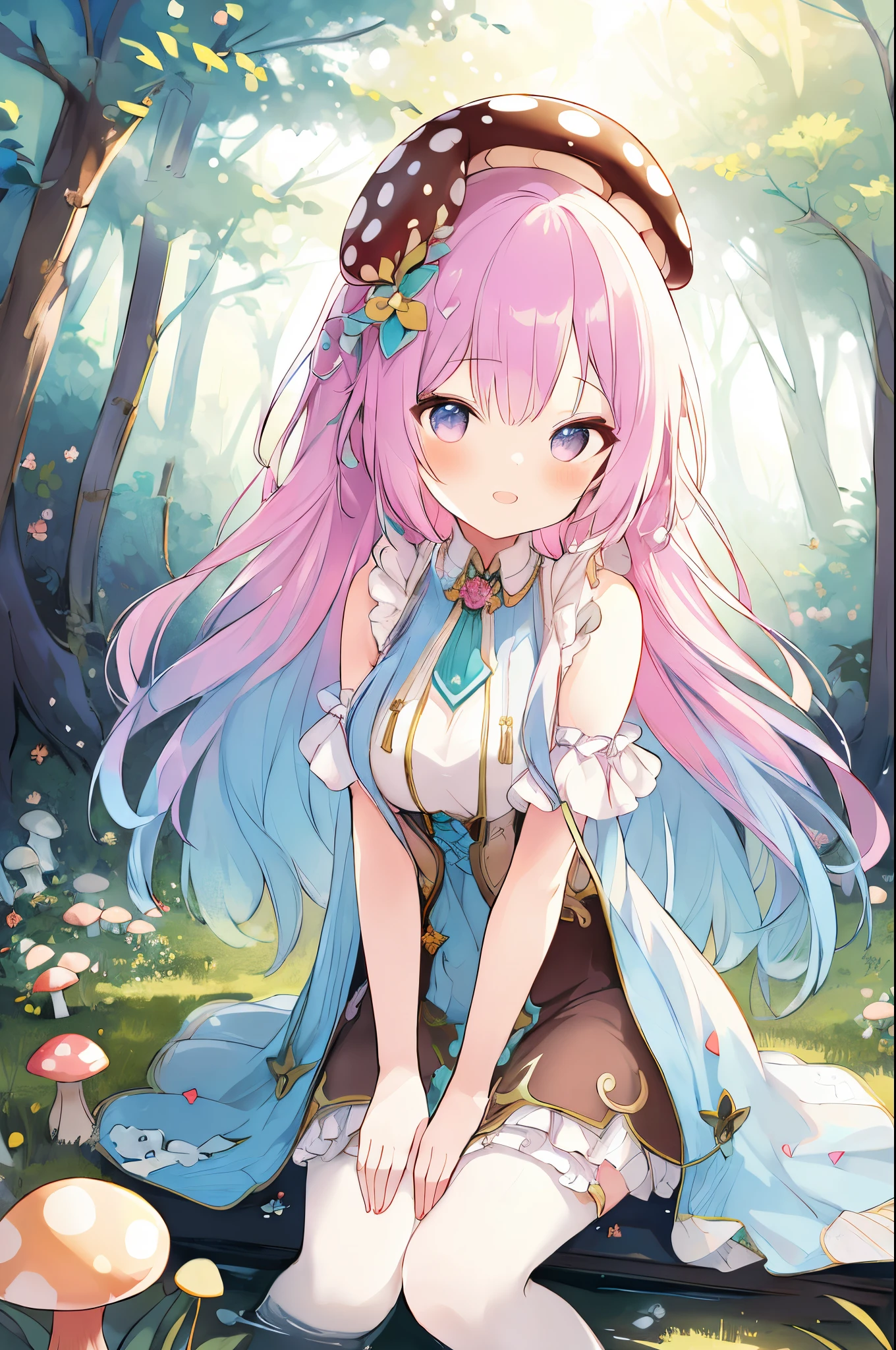 (a girl with) mushroom on head, detailed hair, colorful mushrooms all over, vibrant colors, fantasy style, ethereal lighting, best quality, ultra-detailed, dreamy atmosphere, magical forest background, whimsical, surreal scene.