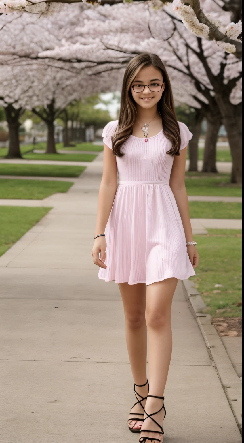 -yeld prpeo, gafas, rubio, small breasts, ojos grandes, piernas largas, Primer plano de los muslos, vestido hasta la rodilla, heeled sandals, Antecedentes del parque, tree, Cherry Blossom, Trazado de rayos, HDR