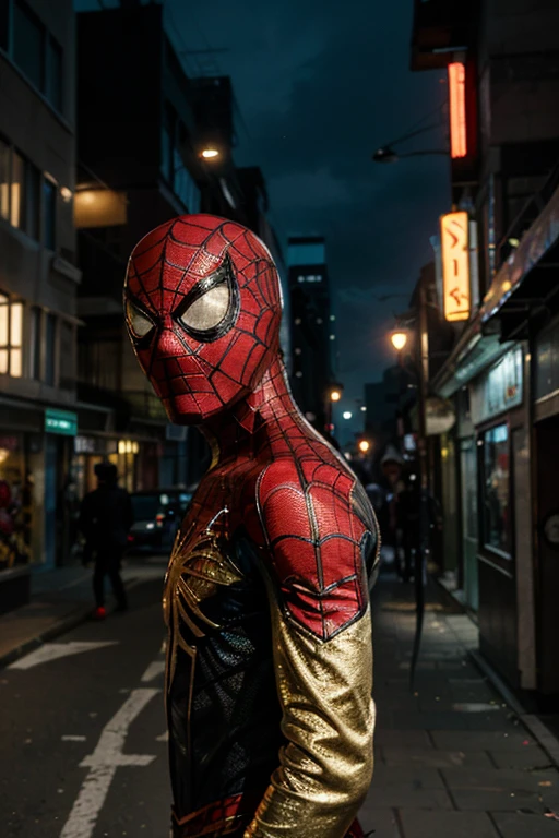 (a man dressed as) Justin Bieber(as Spiderman), (showing his face), (red and gold suit), (in a futuristic city), (best quality, high res, realistic), (vivid colors), (urban, sci-fi), (dynamic lighting)