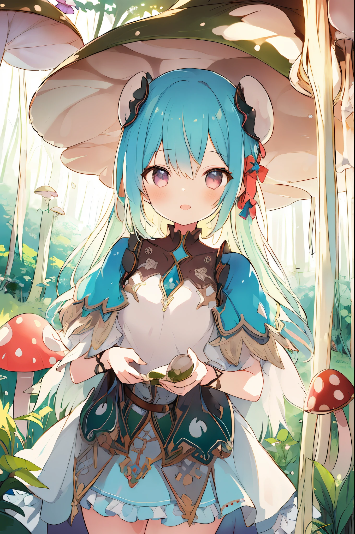 (a girl with) mushroom on head, detailed hair, colorful mushrooms all over, vibrant colors, fantasy style, ethereal lighting, best quality, ultra-detailed, dreamy atmosphere, magical forest background, whimsical, surreal scene.