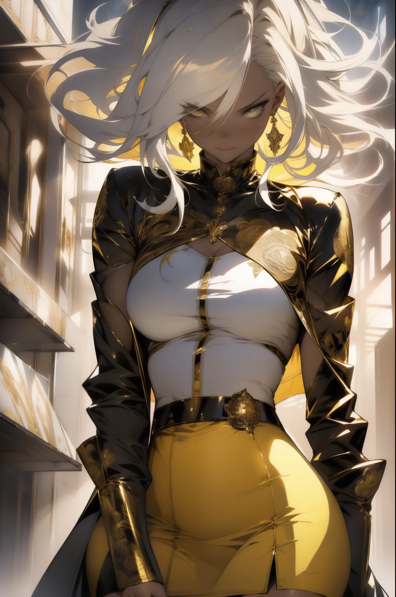 (looking at pov) highly detailed face, realistic face, golden katana, (oversized clothes:1.2), miniskirt,  (dark coat with ornate golden embroidery, golden embellished), (white hair, golden streaks on hair), yellow eyes, thigh strap, (neo city), (clouds), add_detail:1, hair over one eye, largest_breasts!!, (ultra-detailed), hyper details, (intricate details), (cinematic light, best quality Backlights), from pov, perfect body, ), (crown: 1.1), Proud, high contrast, (best illumination, an extremely calm and beautiful),, brown skin, Daylight, 1girl, gold skin, jujutsu kaisen style, (masterpiece), best quality