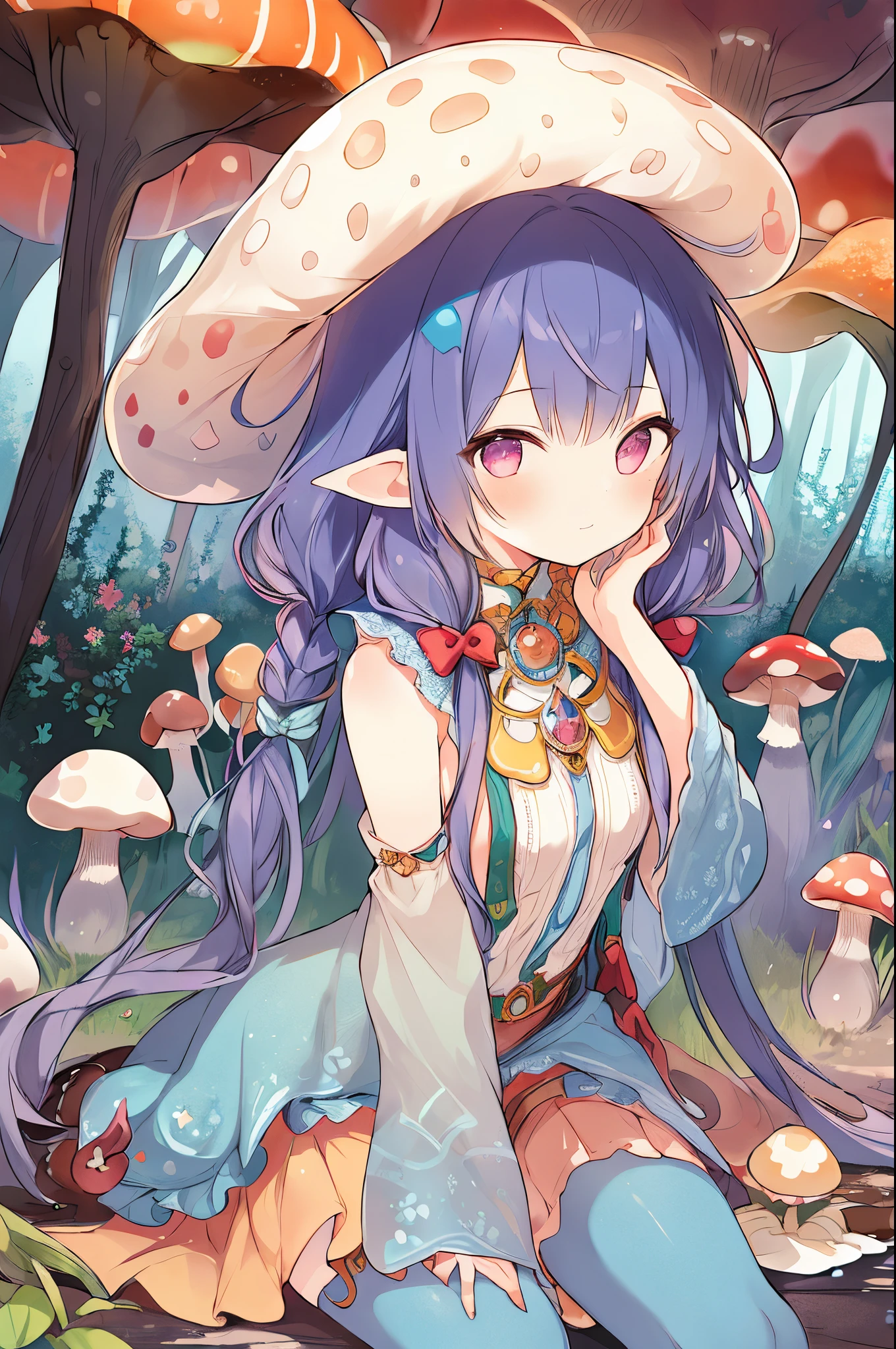 (a girl with) mushroom on head, detailed hair, colorful mushrooms all over, vibrant colors, fantasy style, ethereal lighting, best quality, ultra-detailed, dreamy atmosphere, magical forest background, whimsical, surreal scene.