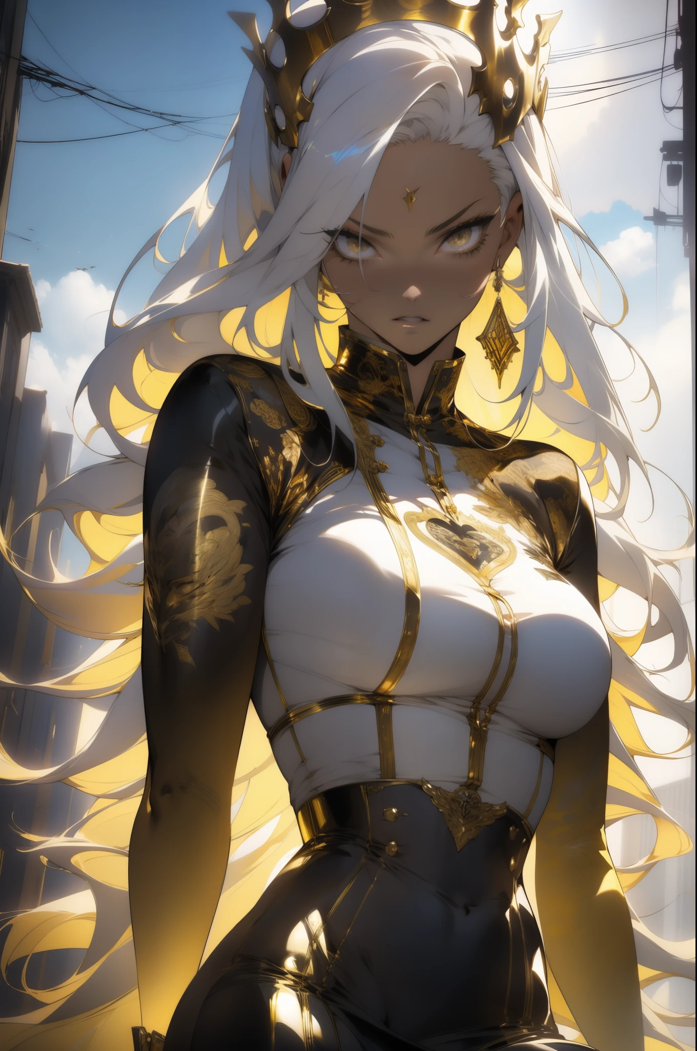 (looking at pov) highly detailed face, realistic face, golden katana, (oversized clothes:1.2), miniskirt, (dark coat with ornate golden embroidery, golden embellished), (white hair, golden streaks on hair), yellow eyes, thigh strap, (neo city), (clouds), add_detail:1, hair over one eye, largest_breasts!!, (ultra-detailed), hyper details, (intricate details), (cinematic light, best quality Backlights), from pov, perfect body, ), (crown: 1.1), Proud, high contrast, (best illumination, an extremely calm and beautiful),, brown skin, Daylight, 1girl, gold skin, jujutsu kaisen style, (masterpiece), best quality