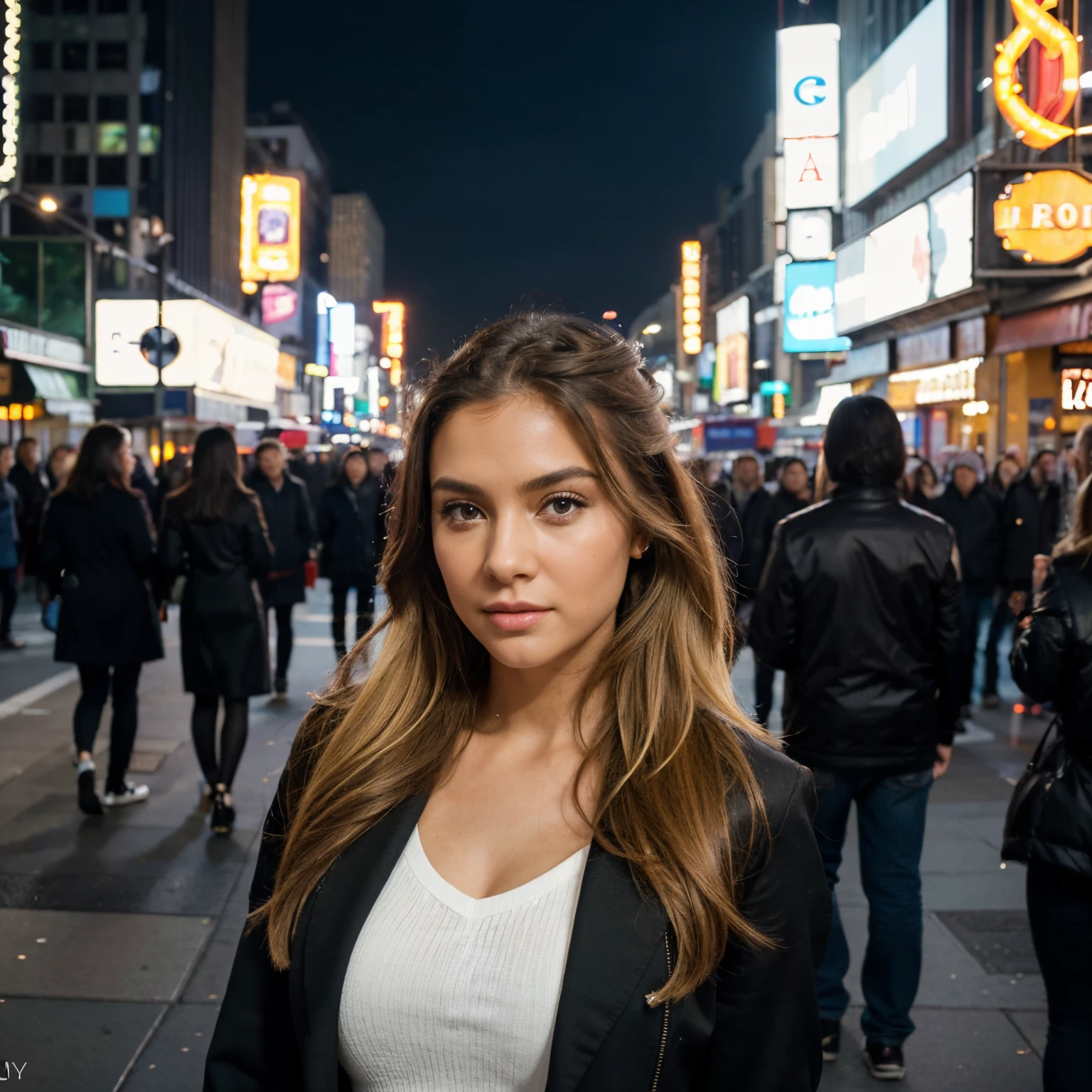 (best quality,4k,8k,highres,masterpiece:1.2),ultra-detailed,(realistic,photorealistic,photo-realistic:1.37),portrait,stunning young woman,gazing into the distance,intense eyes and expression,walking gracefully on a bustling New York City street,sophisticated outfit and stylish accessories,blonde flowing hair catching the sunlight,sharp focus on every strand,vivid colors that capture the vibrant atmosphere of the city,lively crowds of people in the background,each with unique appearances and expressions,architecture of towering skyscrapers,reflecting the modern urban landscape,bokeh lights from the city's neon signs and streetlights,creating a cinematic ambience,evoking a sense of artistry and sophistication,professional photo capturing every detail with pristine clarity and precision