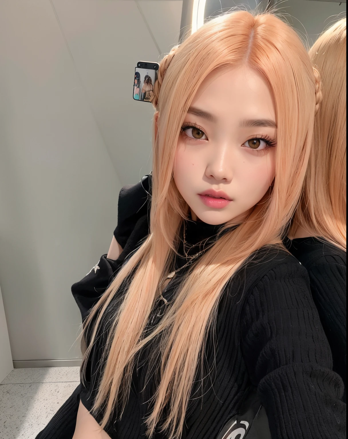 There is a woman with long hair taking a selfie in a mirror, jossi do blackpink, Ulzzang, Parque Roseanne do Blackpink, jennie blackpink, O corte Hime, Retrato de Jossi de Blackpink, ava max, com cabelos longos, Lalisa Manobal, linda Delphine, Heonhwa Choe, her hair is white