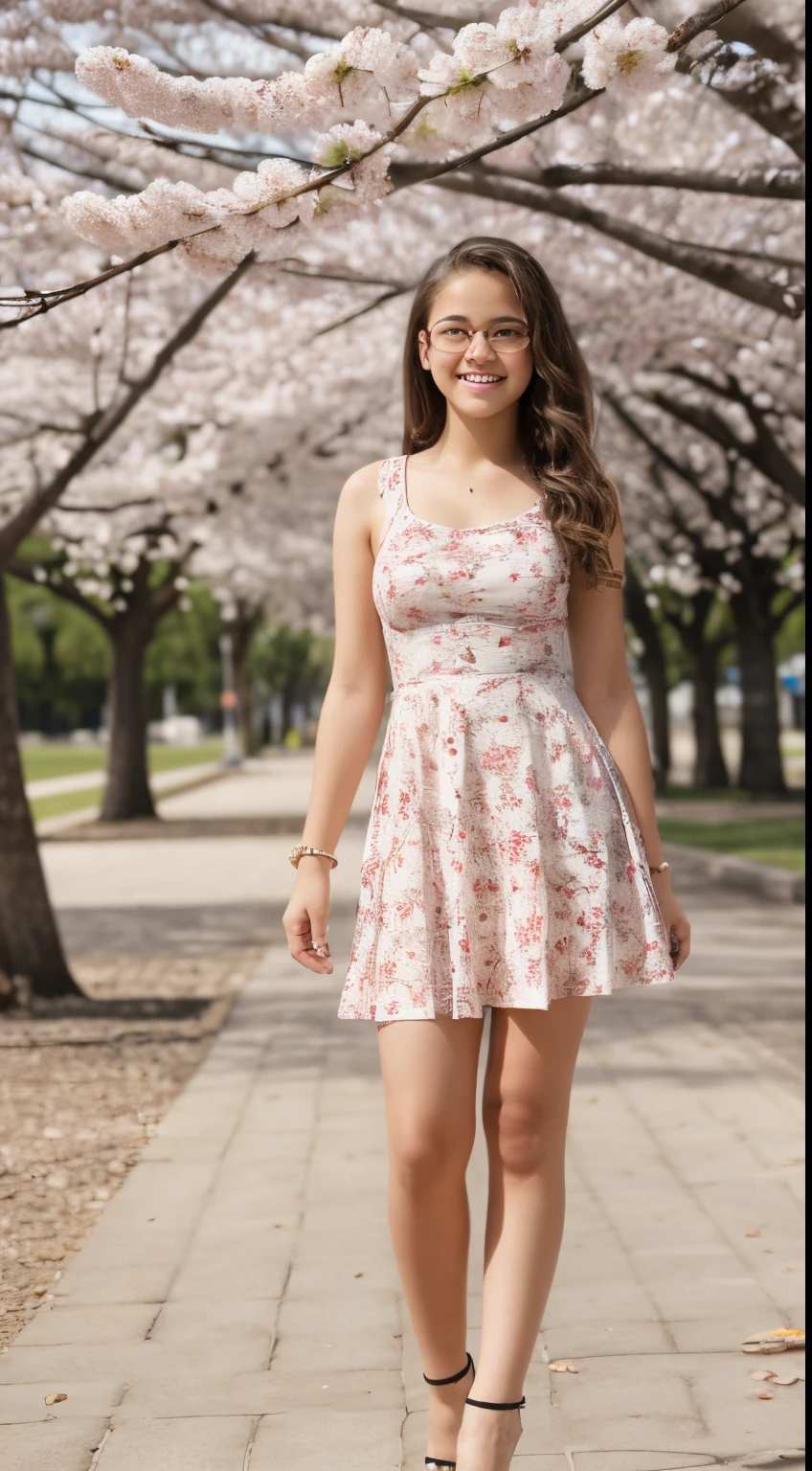 16-year-old preteen, Europeo, gafas, rubio, small breasts, ojos grandes, piernas largas, Primer plano de los muslos, vestido hasta la rodilla, heeled sandals, Antecedentes del parque, tree, Cherry Blossom, Trazado de rayos, HDR