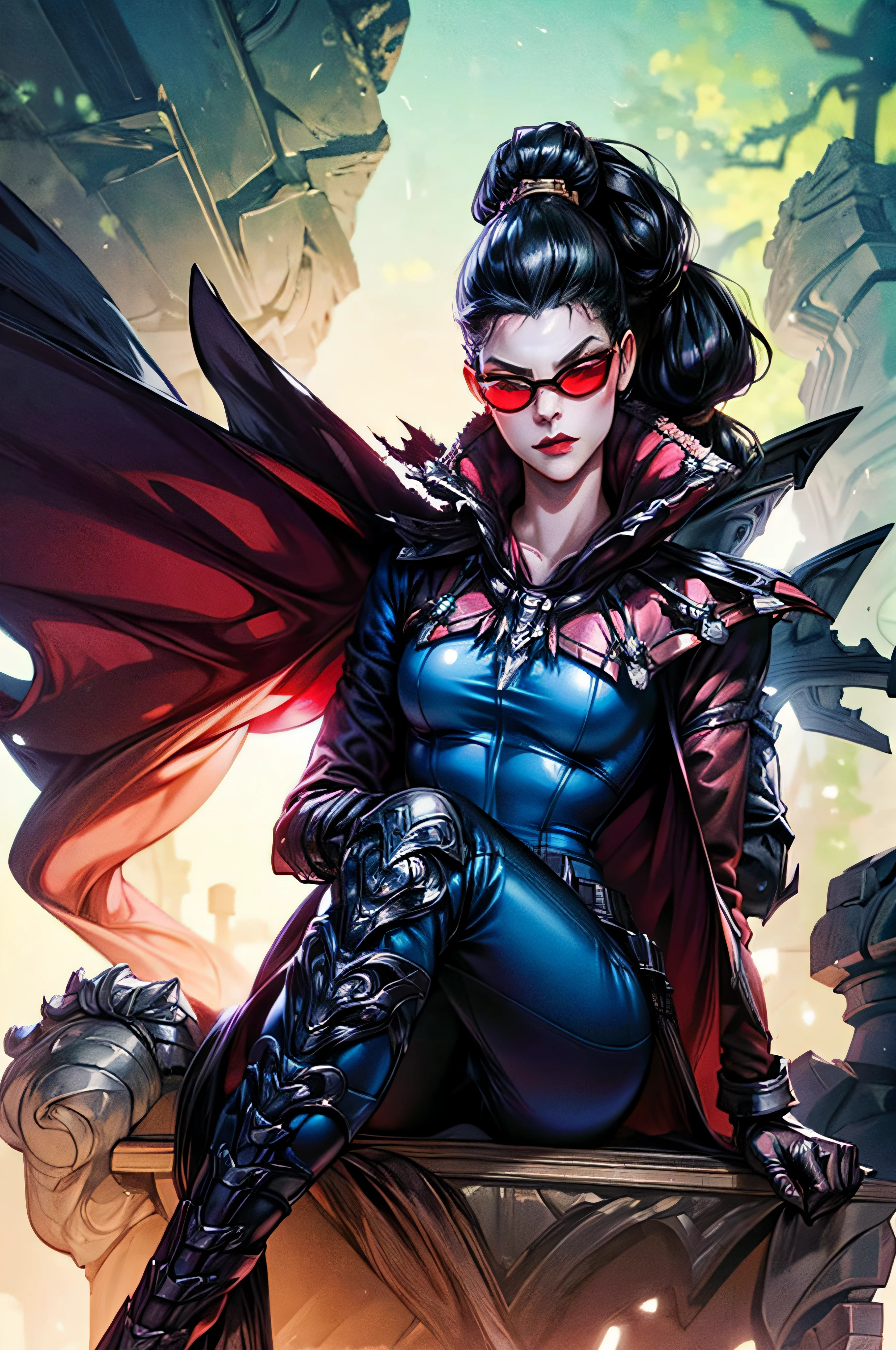 (masterpiece), best quality, expressive eyes, perfect face, vayne, 1girl, solo, long hair, black hair, gloves, ponytail, cape, sunglasses, ruin background,sitting, crossed legs, portrait, looking at viewer, from frontal