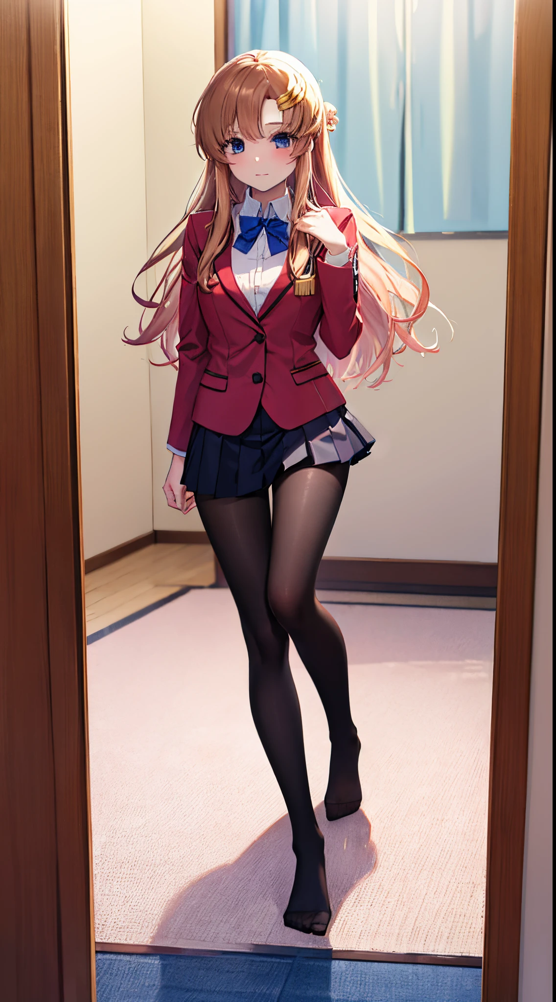 lacus　clyne、Japanese 16 year old girl with slim body、独奏、Full body portrait from head to toe、small tits、long light brown hair、blue eyess、Red face、Embarrassed look、Blazer High School Uniform、Black pantyhose、Black tights、black pantyhose、Black Knee High Socks、white  panties、No shoes on、lying on the bed、Pose with hands hidden behind your back、Open legs、White panties are visible、hi-school girl、bedroom、inside in room、during daytime