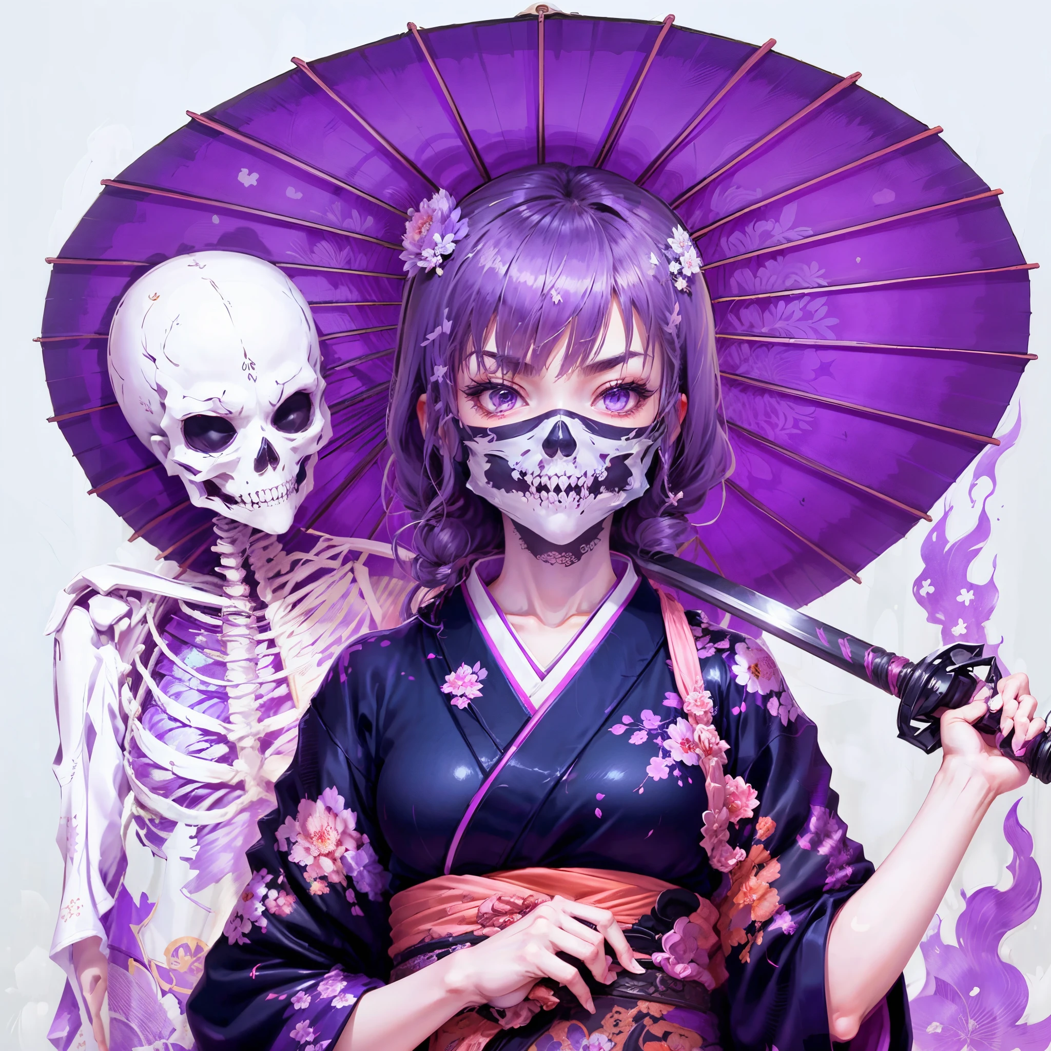 Girl in kimono. she raises her sword. Japanese umbrella. wear bones. A skeleton-shaped mask that covers the mouth. A purple translucent skeleton appears from behind the girl.. Purple Flame.