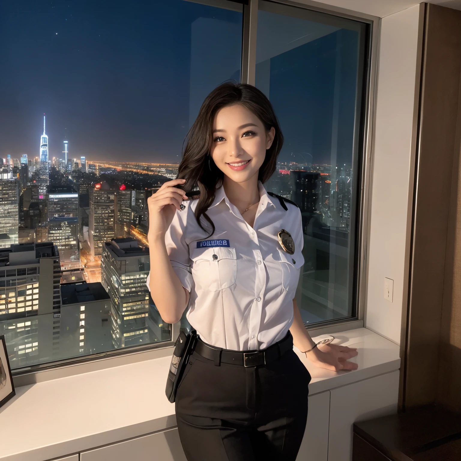 (((Best Quality, masutepiece, 超A high resolution、The most complex and detailed depictions)))、(1 Female Police Officer、Female Police Officer、Light blue police uniform、smil、Beautiful smile)、(Best Clothing and Belongings for Police Officers)、straight haired、Smile at the camera、Perfect gas chamber、,Room in a tower apartment on the 40th floor,One huge window in the background,Huge windows,nighttime scene,Complex night scene,From the window, You can enjoy the view from the 40th floor,Faces close,Beautiful night view in the background,Midnight,Panoramic night view,Midnight view,Midnight,Looking at the camera,Shot from the waist up、The best lighting for epic movies,super-fine,beautiful hairl,Detailed rooms in luxury apartments,Romantic night view,Complex night scene,Detailed night view,,super-fine,Perfect fingers、Emphasize body lines、perfect anatomia