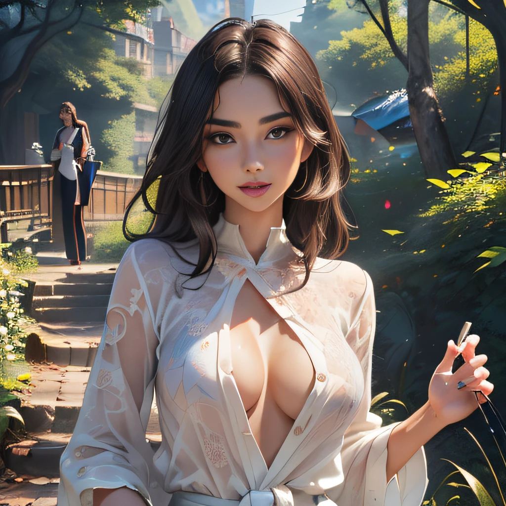 (Extremely detailed 8k wallpaper:2), (photo:2), (soigne Beautiful girl:2), (gives a lecture to friends:2), detailed (Face and eyes), (hyper realistic:1), (highly detailed:1), (epic realistic:1), rim light, (maximum details:1), cozy, (fullbody:1.3), (looking at viewer:2.0), (Woman's Attractive Qualities:2), (Attractive Woman:2), (Attractive:2), Smile, Intelligence, Empathy, Gracefulness, Sense of Style, Fitness, Grooming, Optimism, (Sensitivity:2), Sincerity, Romantic Gestures, Playfulness, Fashion Sense, (Sensuality:2), Charm, Modesty, Thoughtfulness, (Femininity:1), Flirtatiousness, Warmth, (Physical attractiveness:2), A beautiful smile, A love of life, strength and power, vulnerability, curiosity, wonder, love, (nature background:2), kawaii, waifu, Beautiful breasts, (attractive body:2), (Beautiful body:2), Beautiful pose, attractive pose, (Beautiful legs:1.0), (Beautiful clothes:1), (classic clothes:2), (elegant clothes:2), (European clothes:2), detailed clothes, (skirt:1), (blouse:1), (provocative pose)