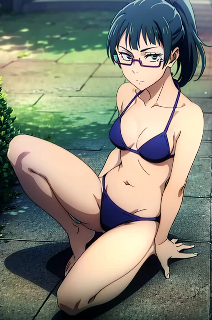 masterpiece,high quality,solo, MakiZenin,1girl, ponytail, eyewear, looking at viewer, on knees, bikini, thigh focus