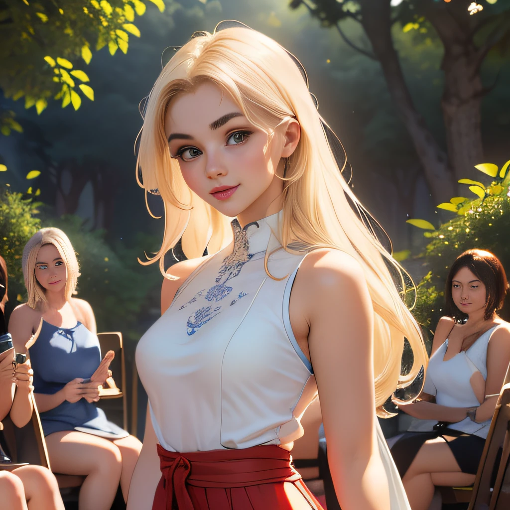 (Extremely detailed 8k wallpaper:2), (photo:2), (soigne Beautiful girl:2), (gives a lecture to friends:2), detailed (Face and eyes), (hyper realistic:1), (highly detailed:1), (epic realistic:1), rim light, (maximum details:1), cozy, (fullbody:1.3), (looking at viewer:2.0), (Woman's Attractive Qualities:2), (Attractive Woman:2), (Attractive:2), Smile, Intelligence, Empathy, Gracefulness, Sense of Style, Fitness, Grooming, Optimism, (Sensitivity:2), Sincerity, Romantic Gestures, Playfulness, Fashion Sense, (Sensuality:2), Charm, Modesty, Thoughtfulness, (Femininity:1), Flirtatiousness, Warmth, (Physical attractiveness:2), A beautiful smile, A love of life, strength and power, vulnerability, curiosity, wonder, love, (nature background:2), kawaii, waifu, Beautiful breasts, (attractive body:2), (Beautiful body:2), Beautiful pose, attractive pose, (Beautiful legs:1.0), (Beautiful clothes:1), (classic clothes:2), (elegant clothes:2), (European clothes:2), detailed clothes, (skirt:1), (blouse:1), (provocative pose)