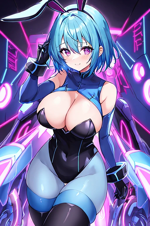 1girl, blue hair, large breasts, breasts, thick thighs, wide hips, purple eyes, bodysuit, black bodysuit, pantyhose, short hair, light smile, happy, very short hair, science-fiction, tech, futuristic, black pantyhose, thighhighs, neon, machinery, bunny ears, neon trim, anime style, 2d, anime screencap, blue neon trim