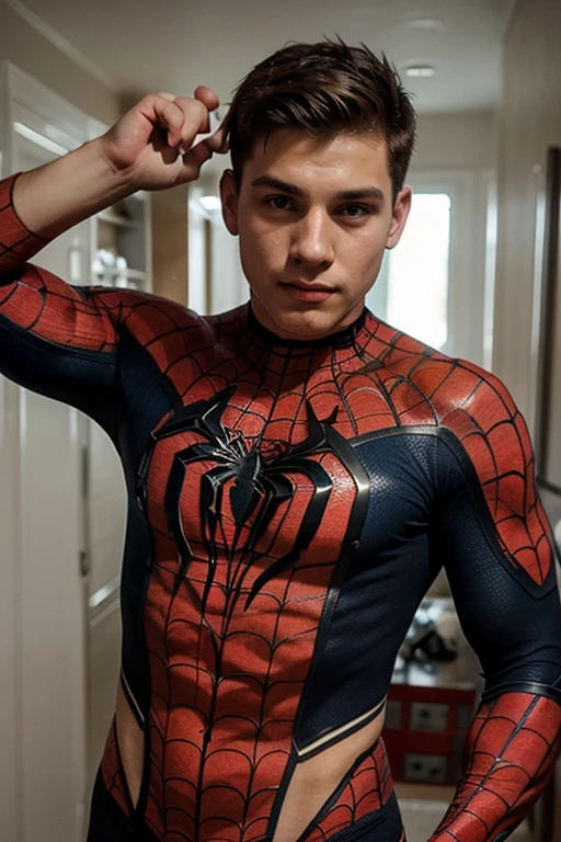 Tom Holland in Spider-Man costume, , with hard penis, in front of the mirror, in his messy room in the background