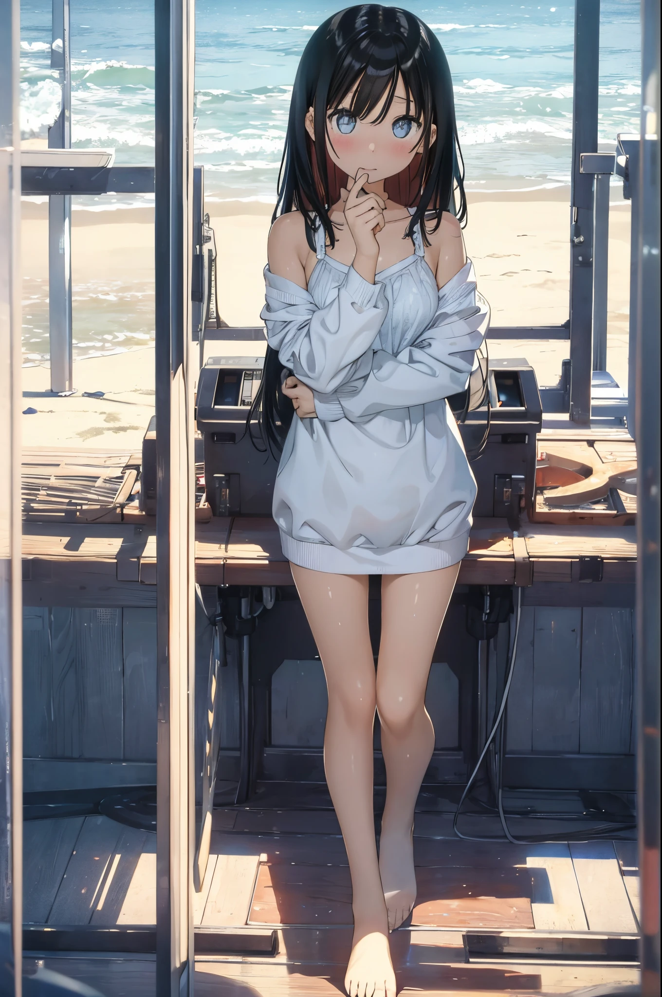 a girl、high teen female、a picture、realisticlying、top-quality、adopt、A detailed face、the beach、Southland、full body Esbian、White Bikini、a detailed backgrounds、diffuse sunlight、depth of fields、Bokeh,dutch angle