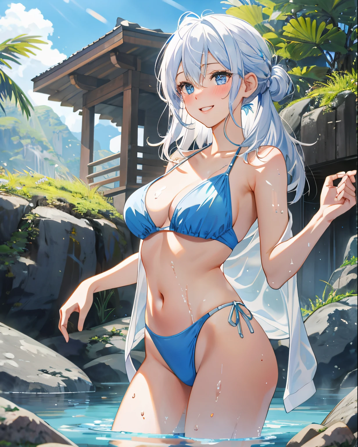 one-girl, In the hot springs,perspire,White color hair, long whitr hair, blue color eyes, Wear a bikini, Raise your foot to the screen,Sweated a lot, Get wet,Beautiful and moving, Onsenzato, Wet hair, Light smile, Blush, Ear blush, surrealism, High detail, modern, Anime style, in a panoramic view, Cowboy shot, reflective light, 8K, Super detail, High details, Best quality, Anatomically correct, Masterpiece, Textured skin