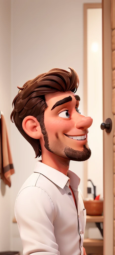 Man on the side, Brunette Man, tanned, smiling expression, short beard, indigenous eyes, wearing a white shirt, small nouse