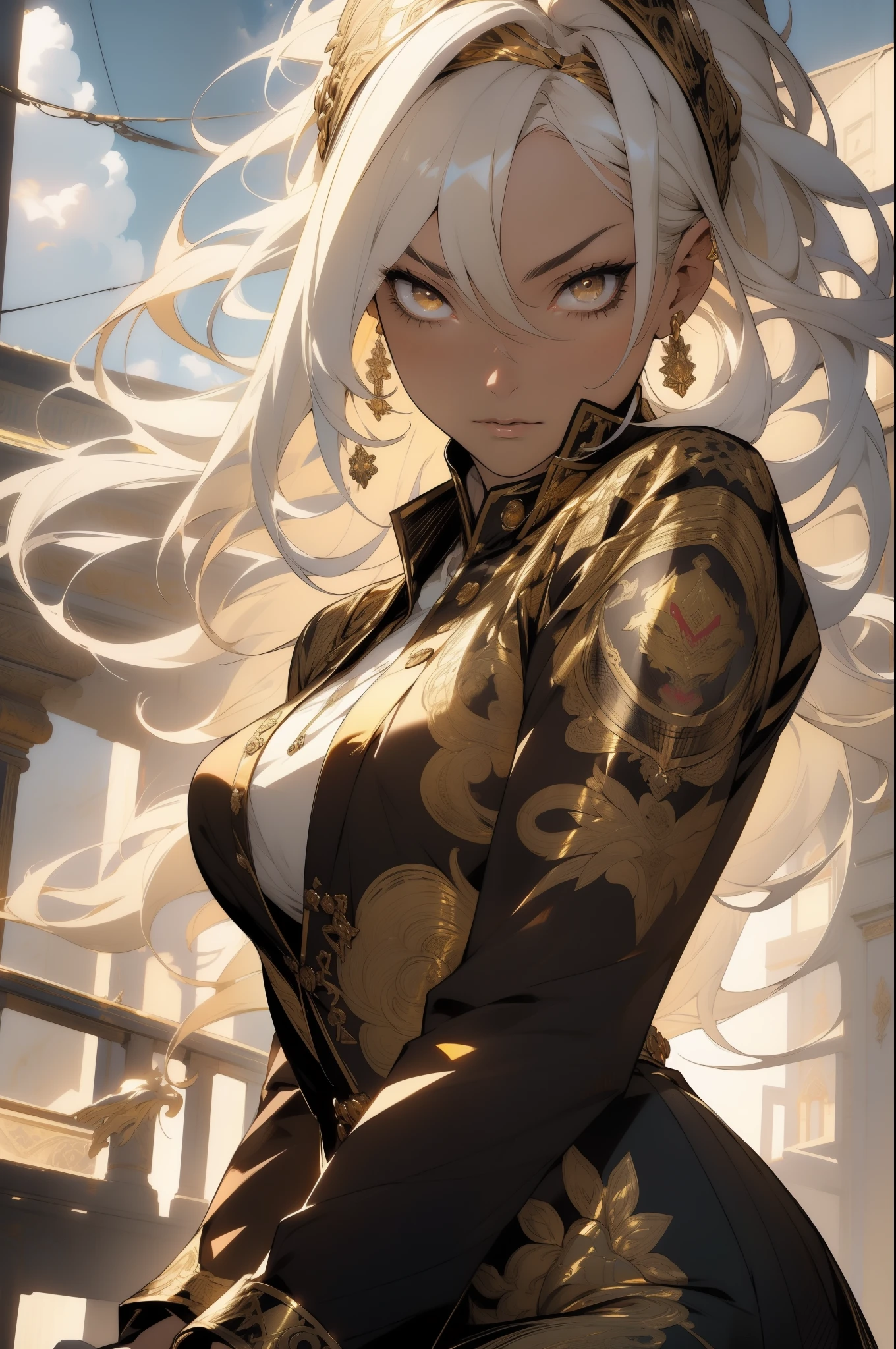 (sitting on throne), pyramid background,
glowing, (looking at pov) highly detailed face, realistic face, golden katana, (oversized clothes:1.2), miniskirt, (dark coat with ornate golden embroidery, golden embellished), (white hair, golden streaks on hair), yellow eyes, thigh strap, (neo city), (clouds), add_detail:1, hair over one eye, largest_breasts!!, (ultra-detailed), hyper details, (intricate details), (cinematic light, best quality Backlights), from pov, perfect body, ), (crown: 1.1), Proud, high contrast, (best illumination, an extremely calm and beautiful),, brown skin, Daylight, 1girl, gold skin, jujutsu kaisen style, (masterpiece), best quality