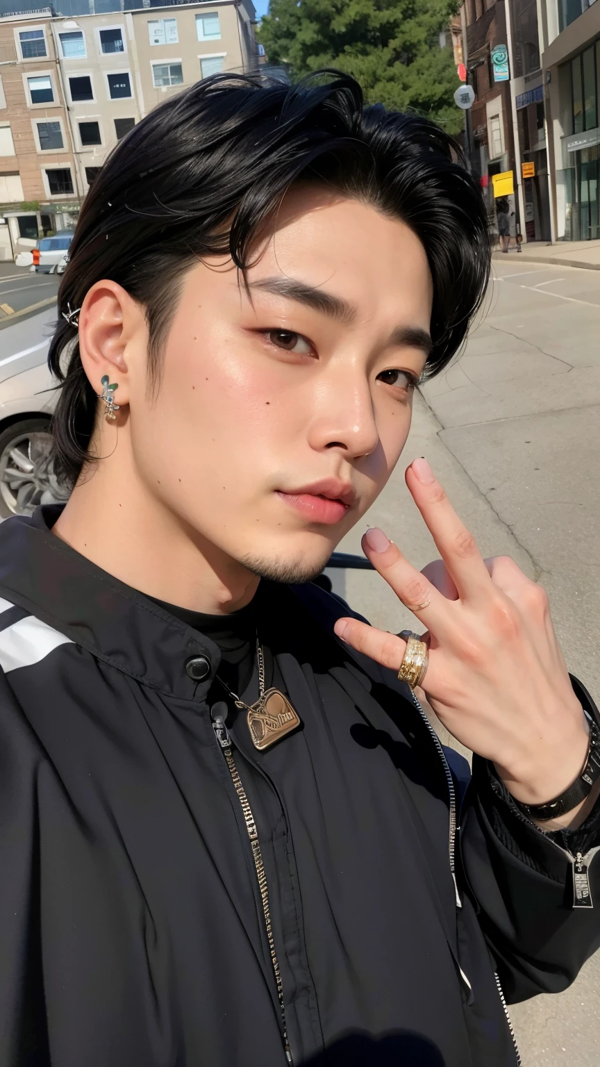 arafed asian man with black hair and piercings making a peace sign, Jungkook, Cai Xukun, Jinyoung Canela, Hyung Tae, Kim Doyoung, wan adorable korean face, Hong June Hyung, Ulzzang macho, TaeJune Kim, Sul Coreano Masculino, Jung Jaehyun, Yanjun Chengt, Sakimichan, foto de perfil headshot, Wonbin Lee