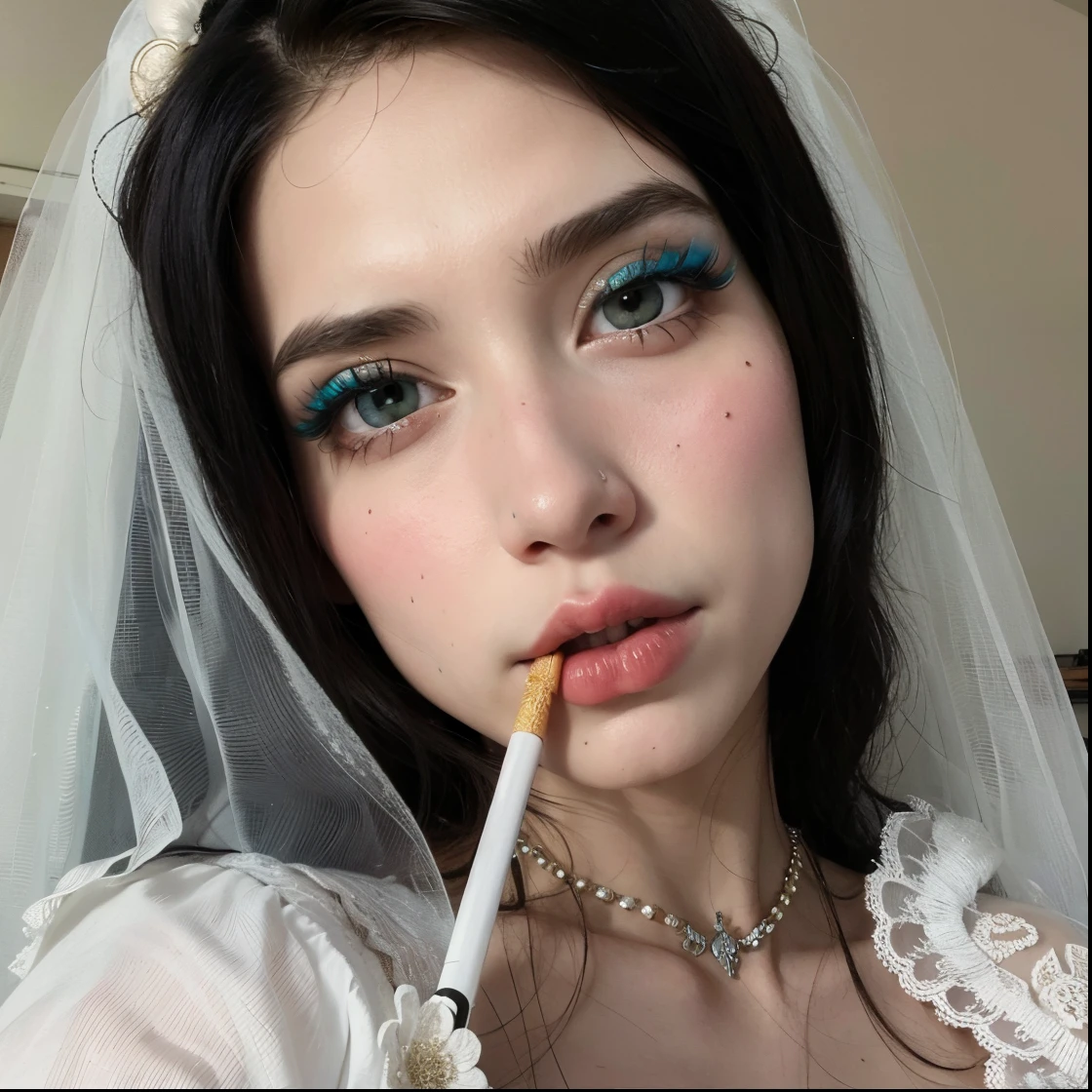 Close-up of a woman with a cigarette in her mouth, with professional makeup, Corpse Bride Style, inspired by Elsa Bleda, somber turquoise eyes, blue lipstick, sexy face with full makeup, thick and elegant makeup, she looks like a mix of grimes, looks like a mixture of dirt, blue lips, turquoise eyes, pastel blue eyes, Kailee Mandel