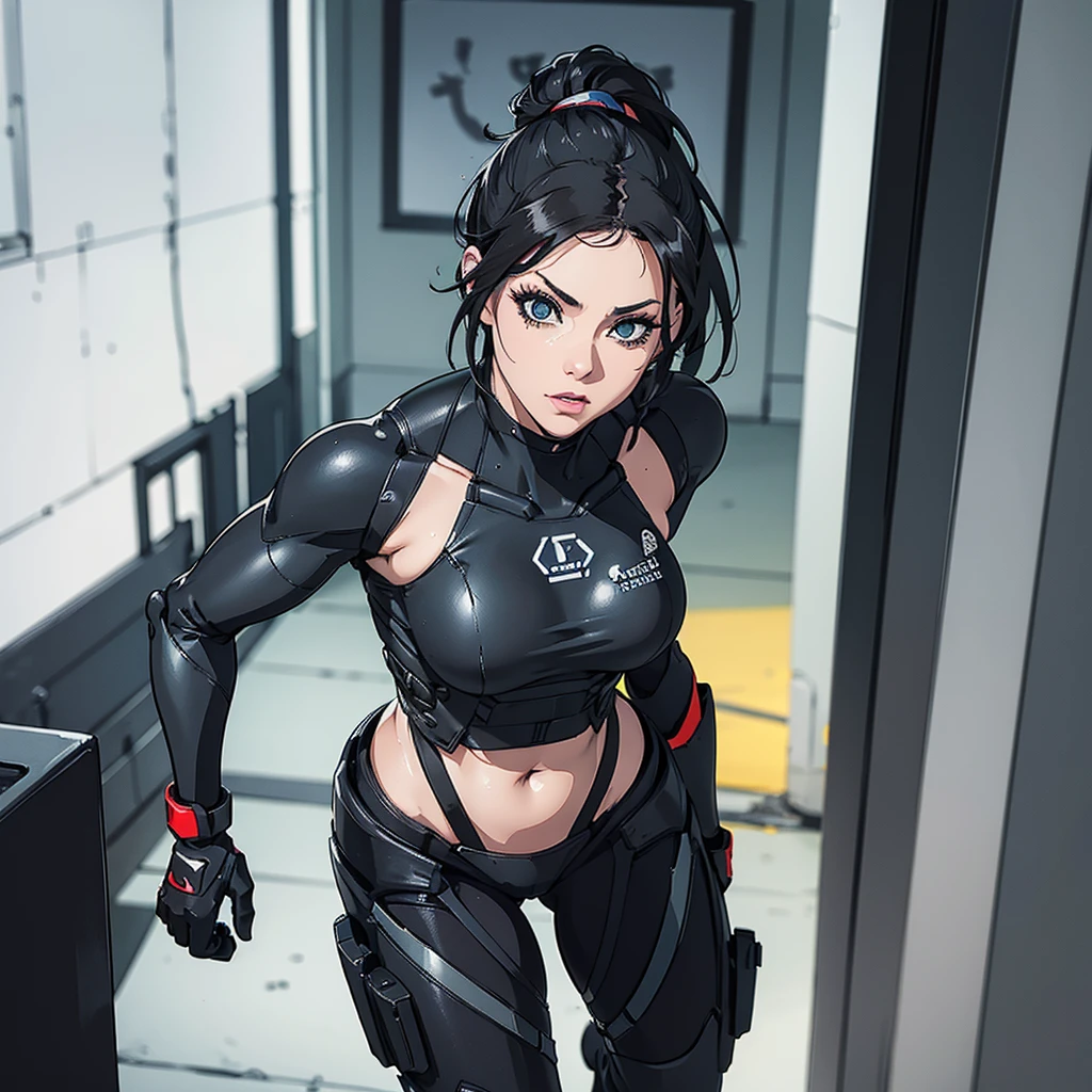 A sketch of Peta Jensen, Short Ponytail , hair pulled back, black hairs, turquoise eyes, Makeup, wearing a Black crysis nanosuit, Wide Shot, High resolution, Ultra-pointu, 16k, Masterpiece, walking to the viewer,