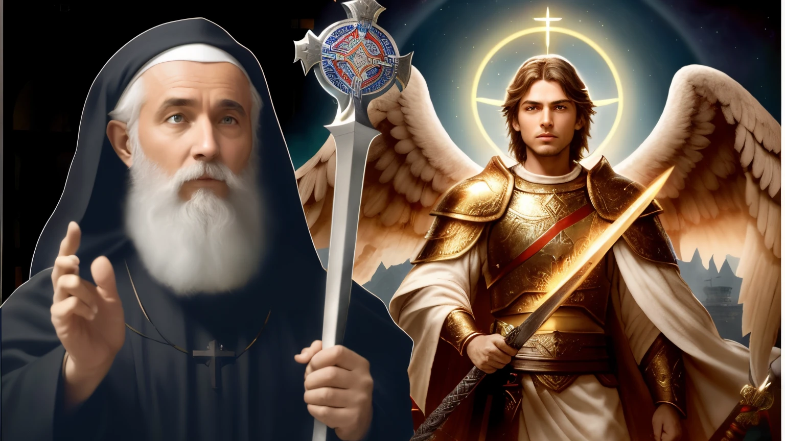 imagem arafada de um homem com uma espada e uma freira, NPC com halo de santo, NPC com um santo\halo do, Santo ortodoxo, Arcanjo Miguel, Directed by: Roman Bezpalkiv, christian saint rosace, Cristianismo ortodoxo, Petros e Leonid, Directed by: Aleksander Gierymski, christian saint