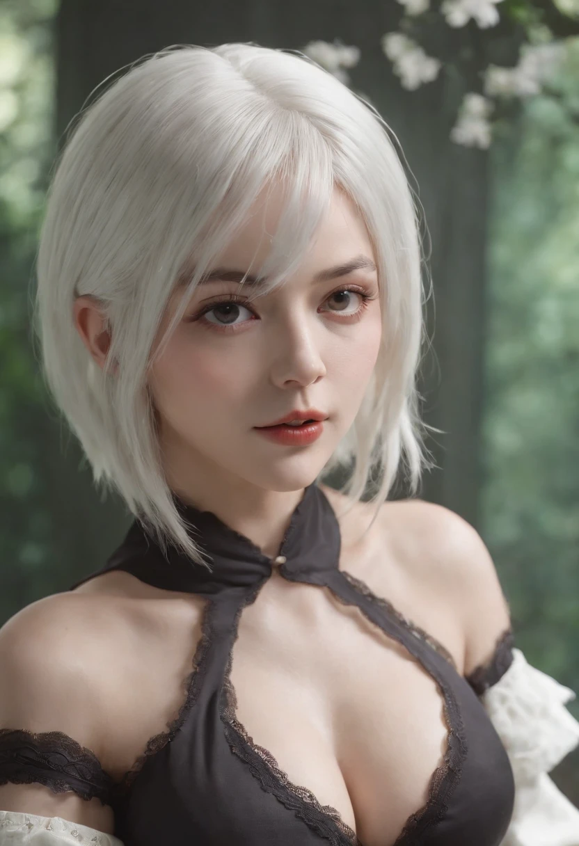 Yorha No. 2 Type B, 1girl in, wlop, (Blindfold), breasts, cleavage, cleavage cutout, Clothes Cutout, Green background, hair between eye, shairband, hight resolution, juliet sleeves, Long sleeves, Nier (Series), Nier Automata,  Puffy sleeves, Red lips, Shaded face, Short hair, Solo, turtle neck, Upper body, White hair, skyporn