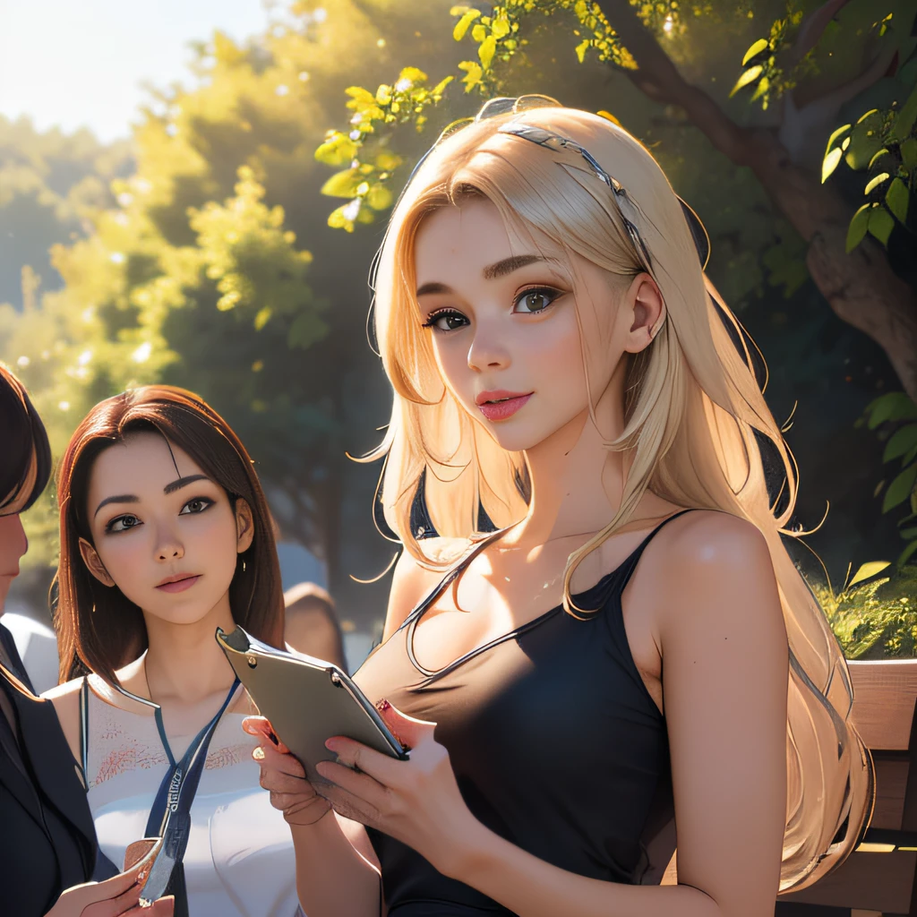 (Extremely detailed 8k wallpaper:2), (photo:2), (soigne Beautiful girl:2), (gives a lecture to friends:2), detailed (Face and eyes), (hyper realistic:1), (highly detailed:1), (epic realistic:1), rim light, (maximum details:1), cozy, (fullbody:1.3), (looking at viewer:2), (Woman's Attractive Qualities:2), (Attractive Woman:2), (Attractive:2), Smile, Intelligence, Empathy, Gracefulness, Sense of Style, Fitness, Grooming, Optimism, (Sensitivity:2), Sincerity, Romantic Gestures, Playfulness, Fashion Sense, (Sensuality:2), Charm, Modesty, Thoughtfulness, (Femininity:1), Flirtatiousness, Warmth, (Physical attractiveness:2), A beautiful smile, A love of life, strength and power, vulnerability, curiosity, wonder, love, (nature background:2), kawaii, waifu, Beautiful breasts, (attractive body:2), (Beautiful body:2), Beautiful pose, attractive pose, (Beautiful legs:1.0), (Beautiful clothes:1), (classic clothes:2), (elegant clothes:2), (European clothes:2), detailed clothes, (skirt:1), (blouse:1), (provocative pose)