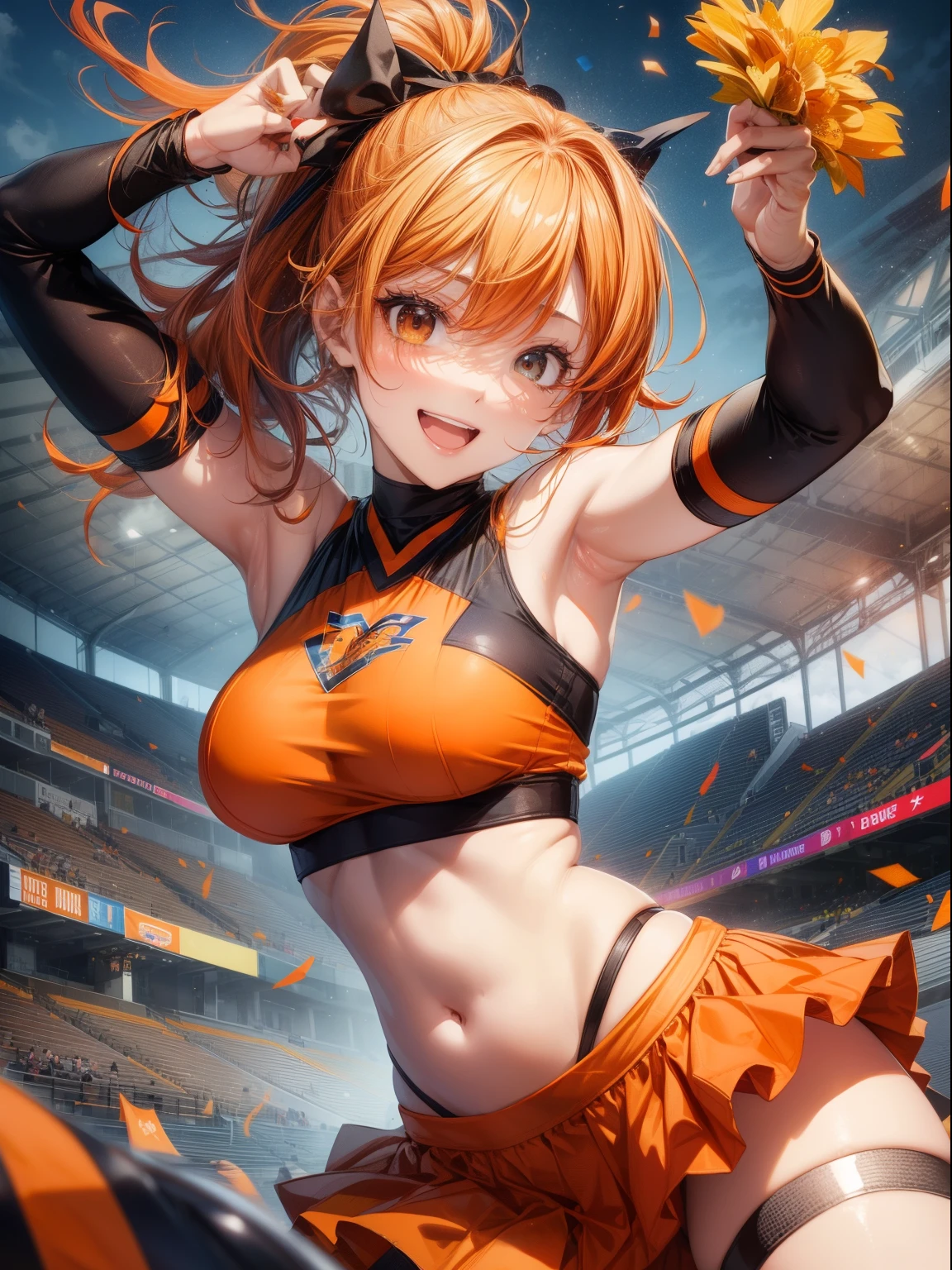 top-quality、Full limbs、complete fingers、one beautiful women、Beautiful Large Breasts、poneyTail、orange hair、Cheergirl Costume、Orange and black tops with team logo、Exposing the belly、Orange and black super mini skirt、orange high leg spats、A big smile、Football Stadium、sexypose、Dancing