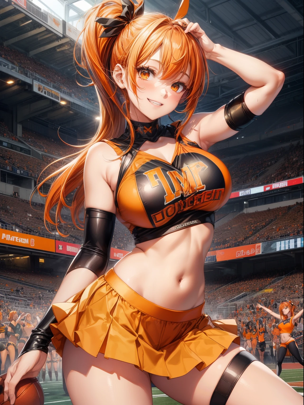 top-quality、Full limbs、complete fingers、one beautiful women、Beautiful Large Breasts、poneyTail、orange hair、Cheergirl Costume、Orange and black tops with team logo、Exposing the belly、Orange and black super mini skirt、orange high leg spats、A big smile、Football Stadium、sexypose、Dancing