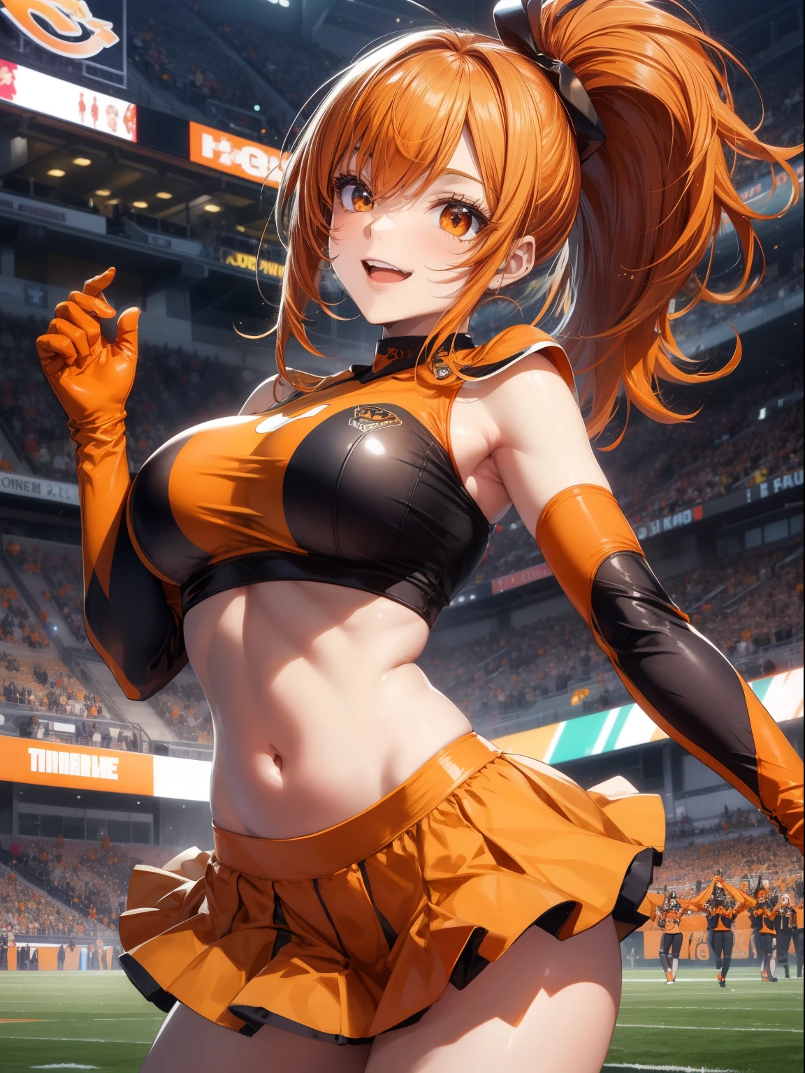 top-quality、Full limbs、complete fingers、one beautiful women、Beautiful Large Breasts、poneyTail、orange hair、Cheergirl Costume、Orange and black tops with team logo、Exposing the belly、Orange and black super mini skirt、orange high leg spats、A big smile、Football Stadium、sexypose、Dancing、Rear view、Composition seen from behind