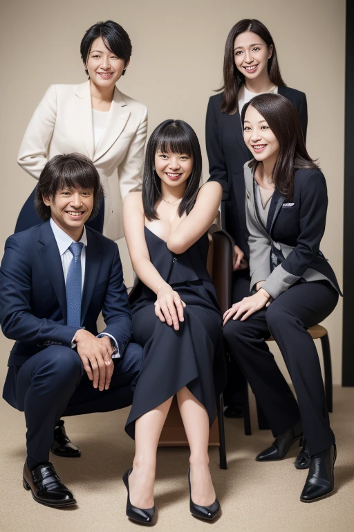(masutepiece:1.3), (8K, Photorealistic, Raw photography, Best Quality: 1.4), (Lifelike face), Realistic eyes, Beautiful eyes, (realskin), Beautiful skin, Ultra high definition, Hyper-realistic, hight resolution, Beautiful Japan Woman、(Suits:1.2)、、(A smile:1.5)、(3 persons:1.5)、(Sit down and open your crotch:1.4)、Colossal tits、Officelady、a miniskirt、Panchira、