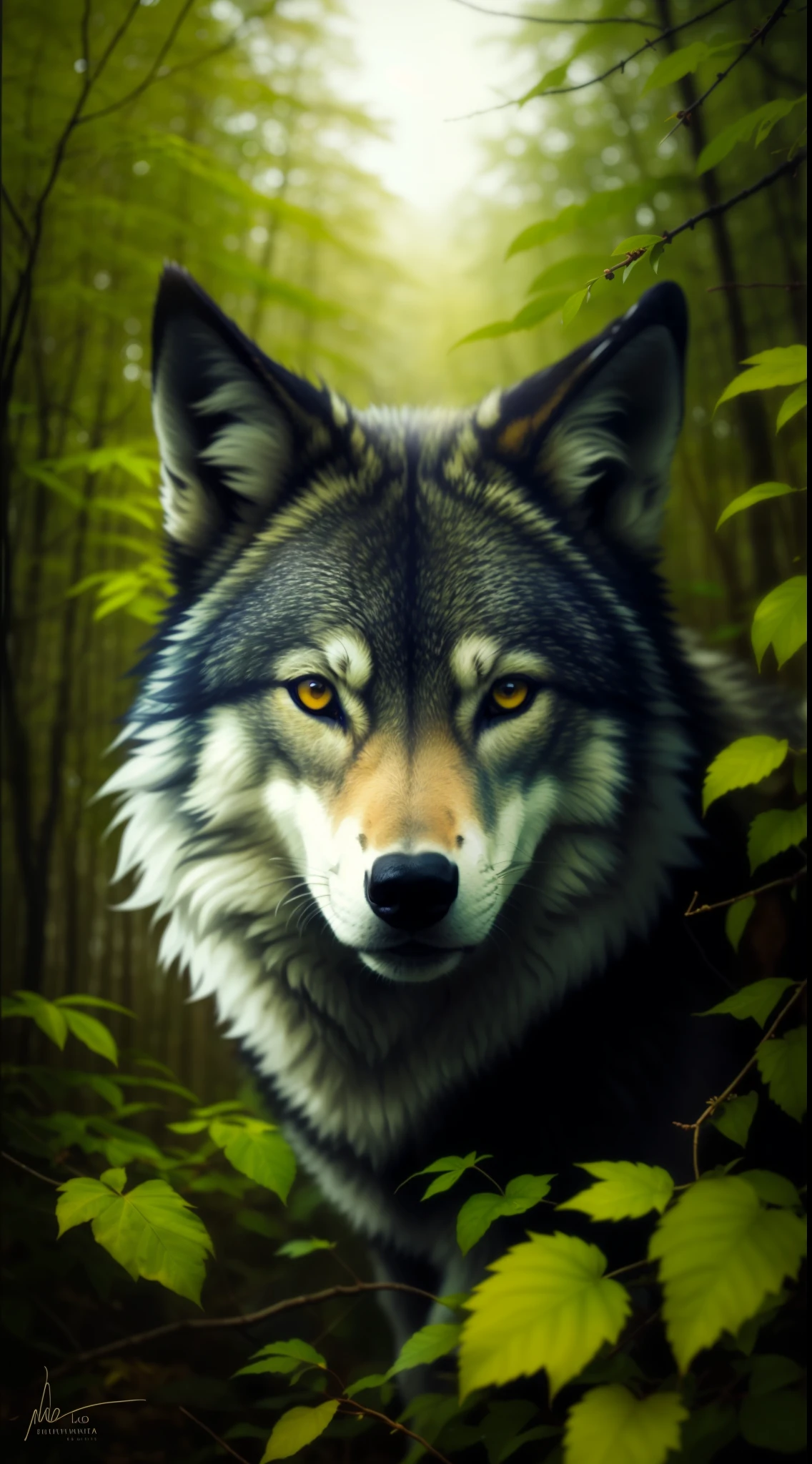 uma pintura de um lobo na floresta com folhas, retrato do lobo da fantasia, retrato do lobo, foto de lobo, lobo, Ele tem olhos de lobo amarelos, lobo cinzento escuro, alpha wolf head, grande lobo, wolf head, Wolp, Retrato de um lobo, alto detalhamento), Lobo cinzento escuro O'Donnell, portrait of a wolf head, lobo