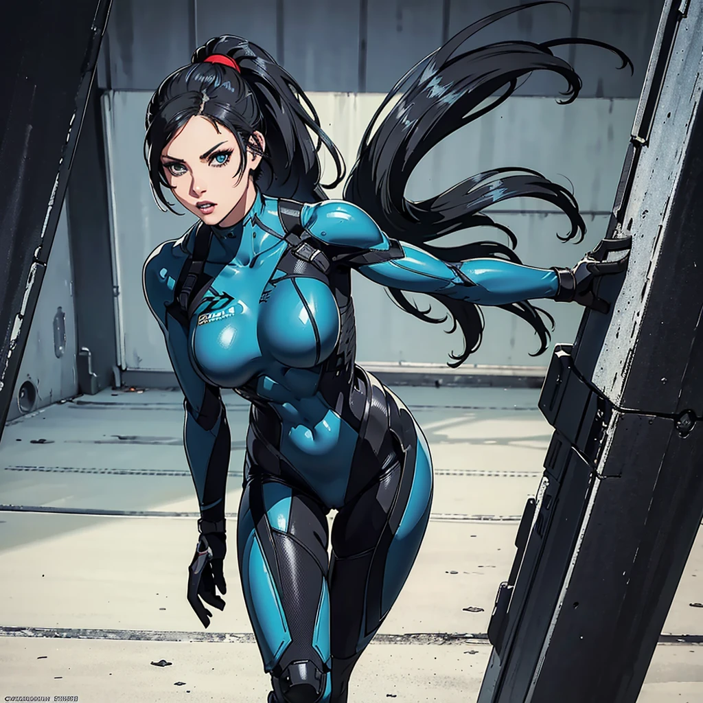 A sketch of Peta Jensen, Short Ponytail , hair pulled back, black hairs, turquoise eyes, Makeup, wearing a Black crysis nanosuit, Wide Shot, High resolution, Ultra-pointu, 16k, Masterpiece, walking to the viewer,