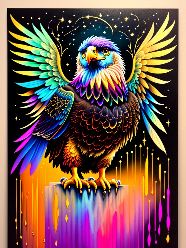 a painting of a large colored eagle on a black background, wings open, breathtaking rendering, within a radiant connection, inspired by Kinuko Y. Craft,, magical elements, kitten icon, wow, is beautiful, casting a multi colorful spell, bright flash, flash
