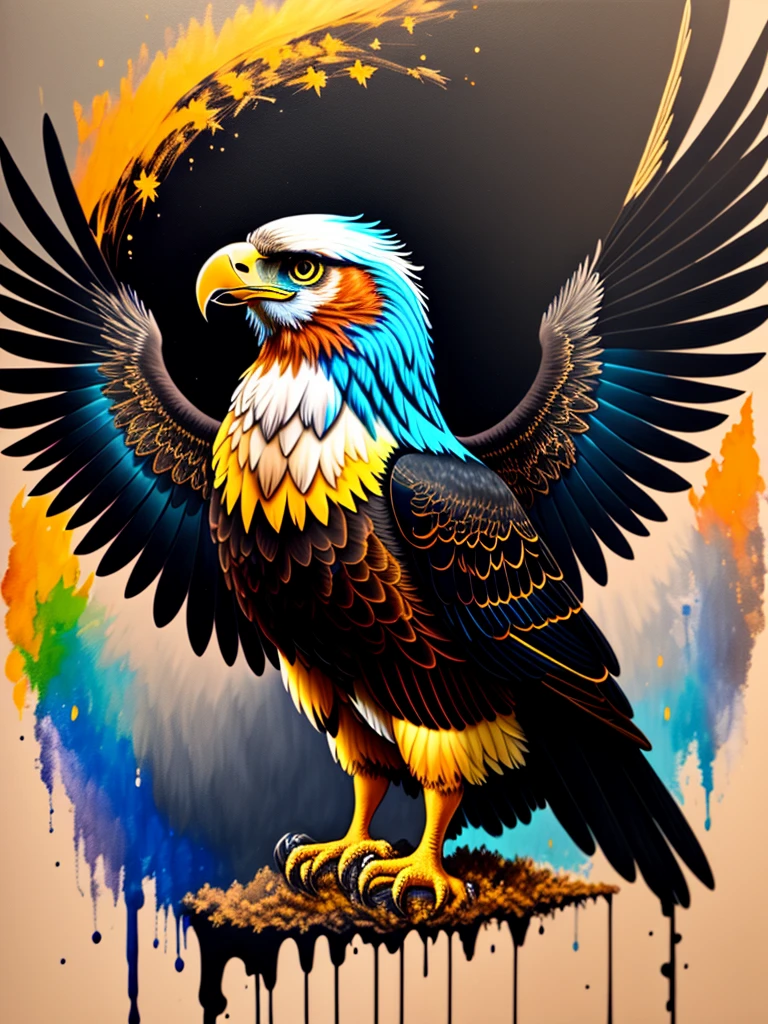 a painting of a large colored eagle on a black background, wings open, breathtaking rendering, within a radiant connection, inspired by Kinuko Y. Craft,, magical elements, kitten icon, wow, is beautiful, casting a multi colorful spell, bright flash, flash
