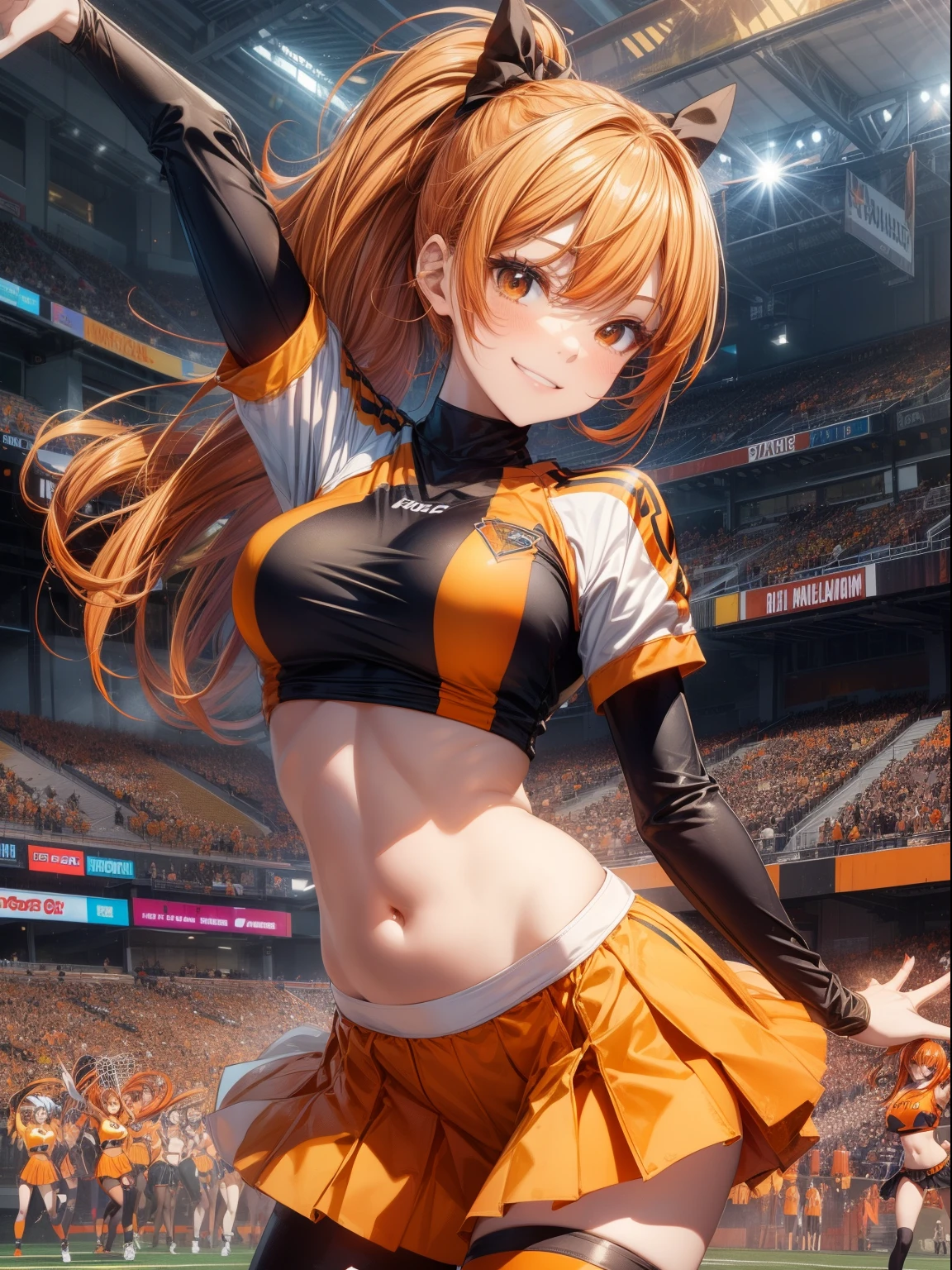 top-quality、Full limbs、complete fingers、one beautiful women、Beautiful Large Breasts、poneyTail、orange hair、Cheergirl Costume、Orange and black tops with team logo、Exposing the belly、Orange and black super mini skirt、orange high leg spats、A big smile、Football Stadium、sexypose、Dancing