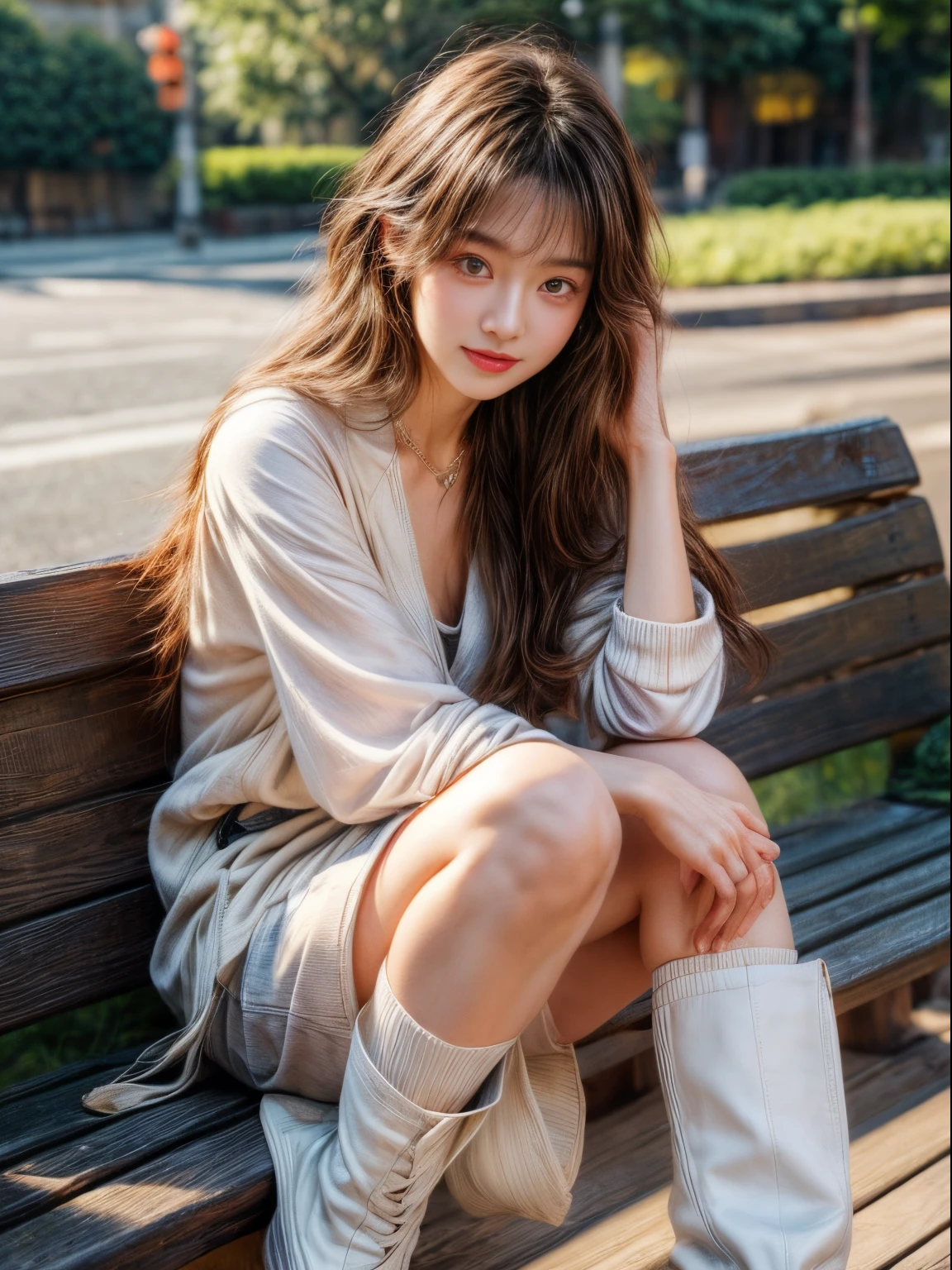 ​masterpiece、8K、32K、top-quality、(A detailed eye)、(A cute Japanese woman、bangss)、23years old、1 girl in、elegent、(Detailed background depiction、Sunlight、portlate:1.2)、(onepiece:1.2)、newyork、sit on a bench、(long boots:1.1)、cowboy  shot、ssmile、head shot