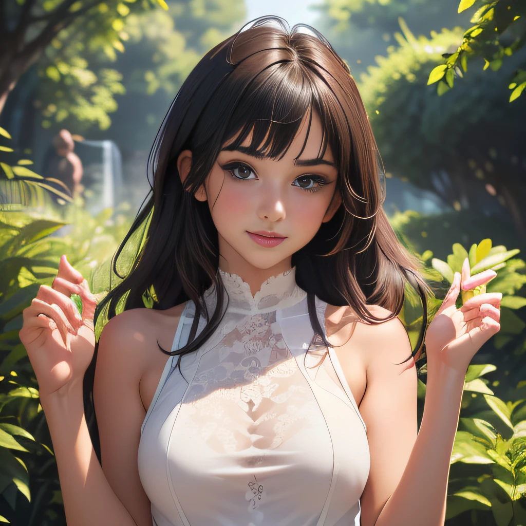 (Extremely detailed 8k wallpaper:2), (photo:2), (26 years old soigne Beautiful girl:2), (gives a lecture to friends:2), detailed (Face and eyes), (hyper realistic:1), (highly detailed:1), (epic realistic:1), rim light, (maximum details:1), cozy, (fullbody:1.3), (looking at viewer:2), (Woman's Attractive Qualities:2), (Attractive Woman:2), (Attractive:2), Smile, Intelligence, Empathy, Gracefulness, Sense of Style, Fitness, Grooming, Optimism, (Sensitivity:2), Sincerity, Romantic Gestures, Playfulness, Fashion Sense, (Sensuality:2), Charm, Modesty, Thoughtfulness, (Femininity:1), Flirtatiousness, Warmth, (Physical attractiveness:2), A beautiful smile, A love of life, strength and power, vulnerability, curiosity, wonder, love, (nature background:2), kawaii, waifu, Beautiful breasts, (attractive body:2), (Beautiful body:2), Beautiful pose, attractive pose, (Beautiful legs:1.0), (Beautiful clothes:1), (classic clothes:2), (elegant clothes:2), (European clothes:2), detailed clothes, (skirt:1), (blouse:1), (provocative pose)