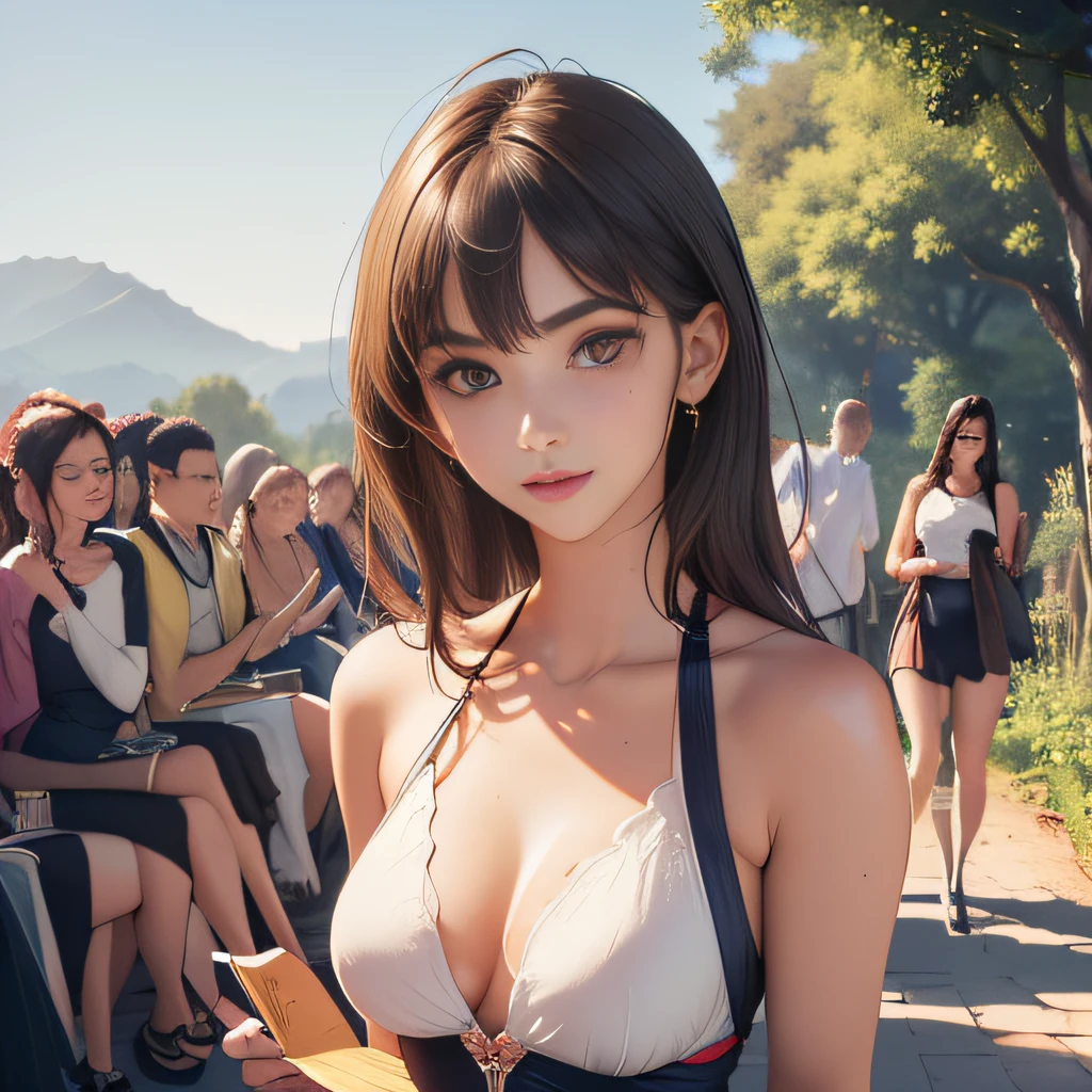 (Extremely detailed 8k wallpaper:2), (photo:2), (soigne Beautiful girl:2), (gives a lecture to friends:2), detailed (Face and eyes), (hyper realistic:1), (highly detailed:1), (epic realistic:1), rim light, (maximum details:1), cozy, (fullbody:1.3), (looking at viewer:2), (Woman's Attractive Qualities:2), (Attractive Woman:2), (Attractive:2), Smile, Intelligence, Empathy, Gracefulness, Sense of Style, Fitness, Grooming, Optimism, (Sensitivity:2), Sincerity, Romantic Gestures, Playfulness, Fashion Sense, (Sensuality:2), Charm, Modesty, Thoughtfulness, (Femininity:1), Flirtatiousness, Warmth, (Physical attractiveness:2), A beautiful smile, A love of life, strength and power, vulnerability, curiosity, wonder, love, (nature background:2), kawaii, waifu, Beautiful breasts, (attractive body:2), (Beautiful body:2), Beautiful pose, attractive pose, (Beautiful legs:1.0), (Beautiful clothes:1), (classic clothes:2), (elegant clothes:2), (European clothes:2), detailed clothes, (skirt:1), (blouse:1), (provocative pose)