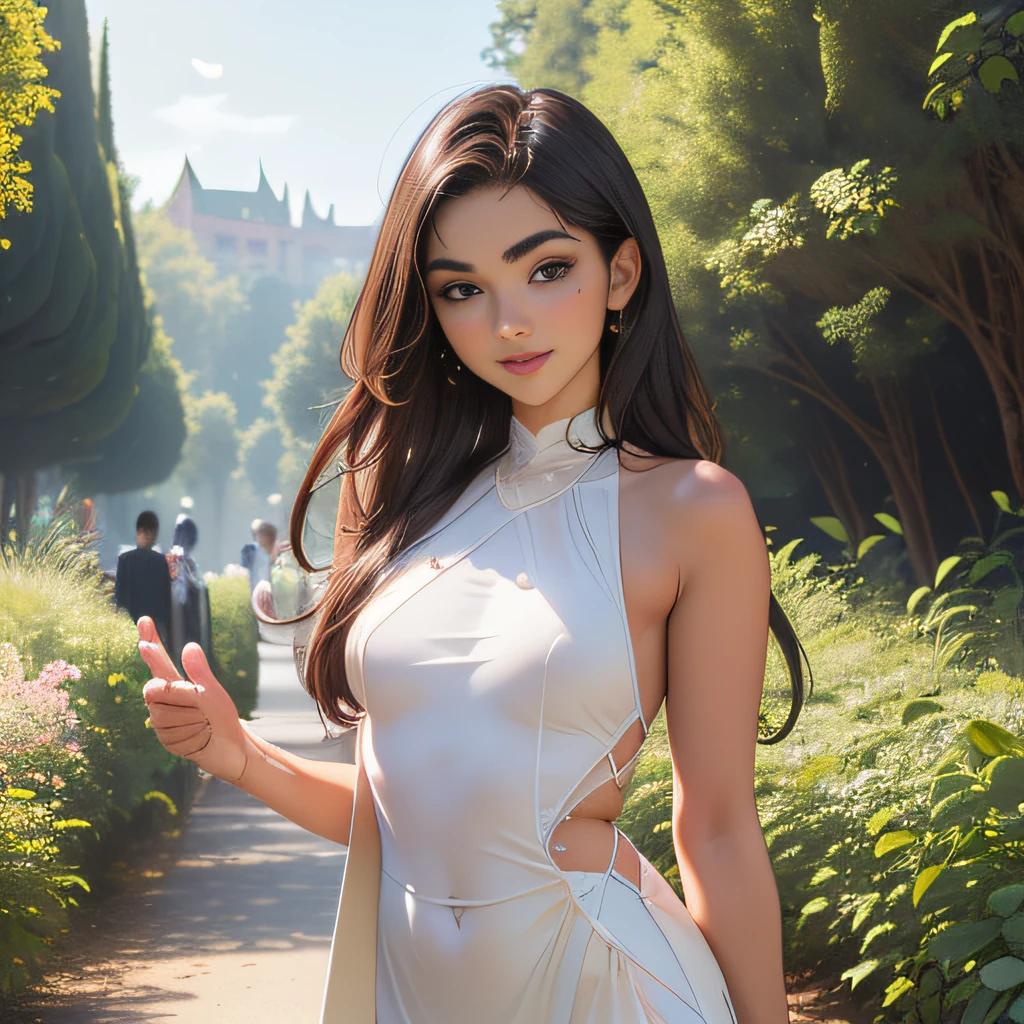 (Extremely detailed 8k wallpaper:2), (photo:2), (soigne Beautiful girl:2), (gives a lecture to friends:2), detailed (Face and eyes), (hyper realistic:1), (highly detailed:1), (epic realistic:1), rim light, (maximum details:1), cozy, (fullbody:1.3), (looking at viewer:2.0), (Woman's Attractive Qualities:2), (Attractive Woman:2), (Attractive:2), Smile, Intelligence, Empathy, Gracefulness, Sense of Style, Fitness, Grooming, Optimism, (Sensitivity:2), Sincerity, Romantic Gestures, Playfulness, Fashion Sense, (Sensuality:2), Charm, Modesty, Thoughtfulness, (Femininity:1), Flirtatiousness, Warmth, (Physical attractiveness:2), A beautiful smile, A love of life, strength and power, vulnerability, curiosity, wonder, love, (nature background:2), kawaii, waifu, Beautiful breasts, (attractive body:2), (Beautiful body:2), Beautiful pose, attractive pose, (Beautiful legs:1.0), (spread legs:1.0), (Beautiful clothes:1), (classic clothes:2), (elegant clothes:2), (European clothes:2), detailed clothes, (skirt:1), (blouse:1), (provocative pose)