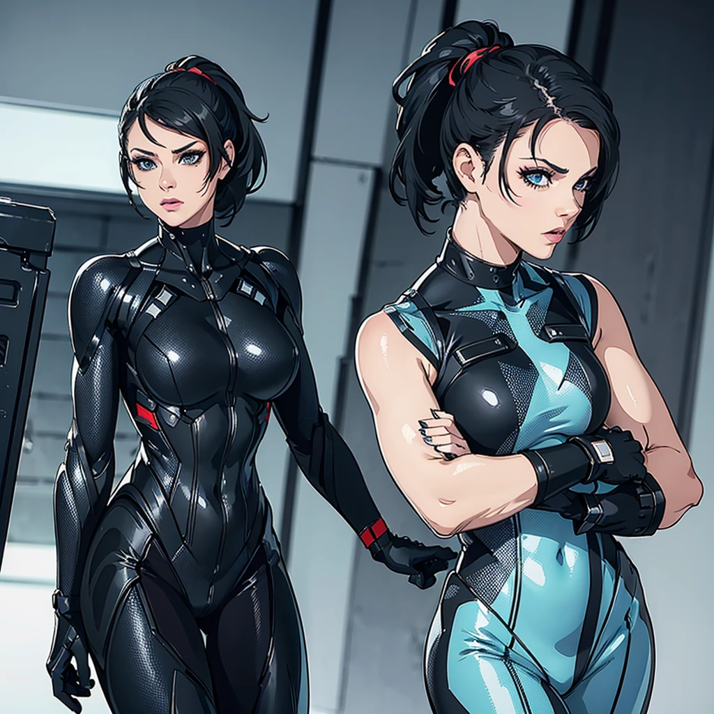 A sketch of Peta Jensen, Short Ponytail , hair pulled back, black hairs, turquoise eyes, Makeup, wearing a Black crysis nanosuit, Wide Shot, High resolution, Ultra-pointu, 16k, Masterpiece, walking to the viewer,